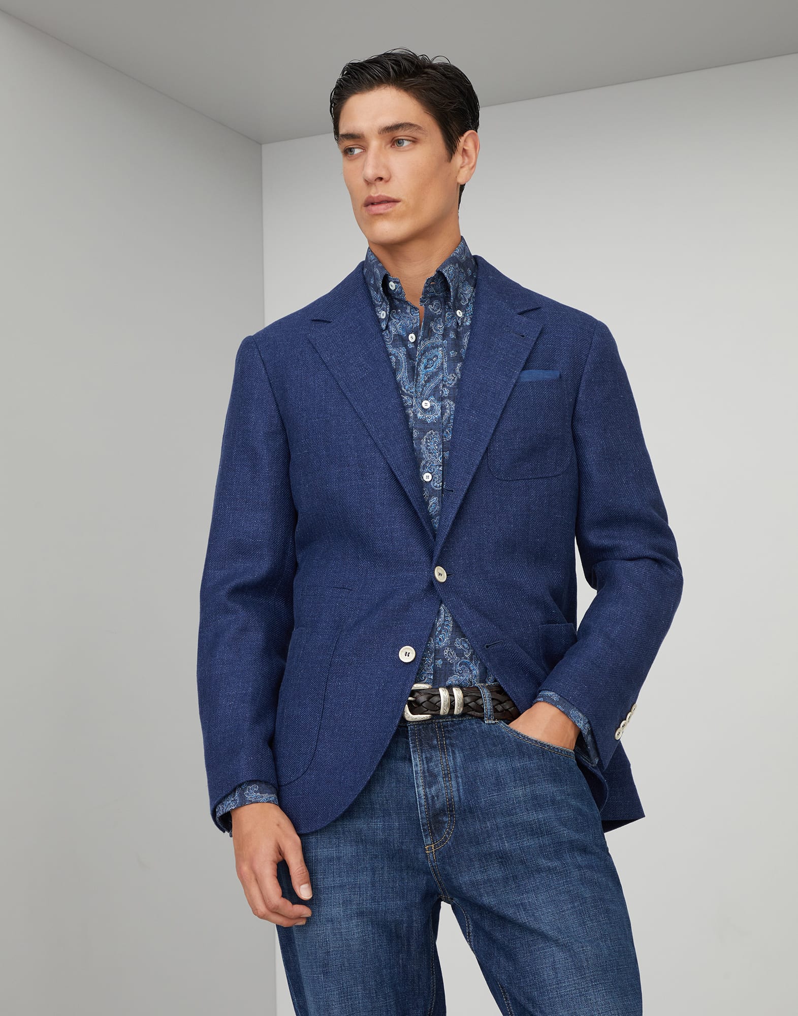 Linen, wool and silk diagonal deconstructed blazer with patch pockets