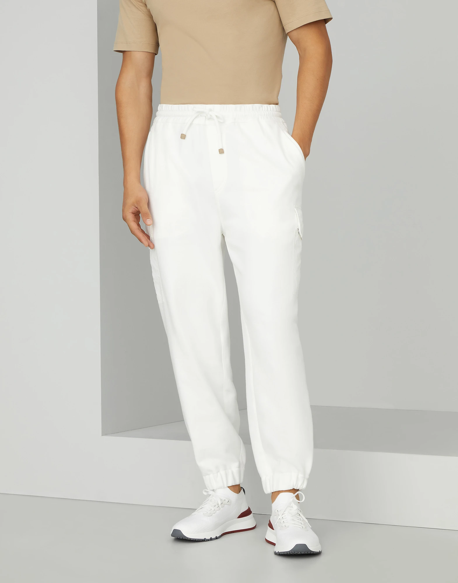 Techno cotton French terry trousers with nylon cargo pockets and elasticated cuffs