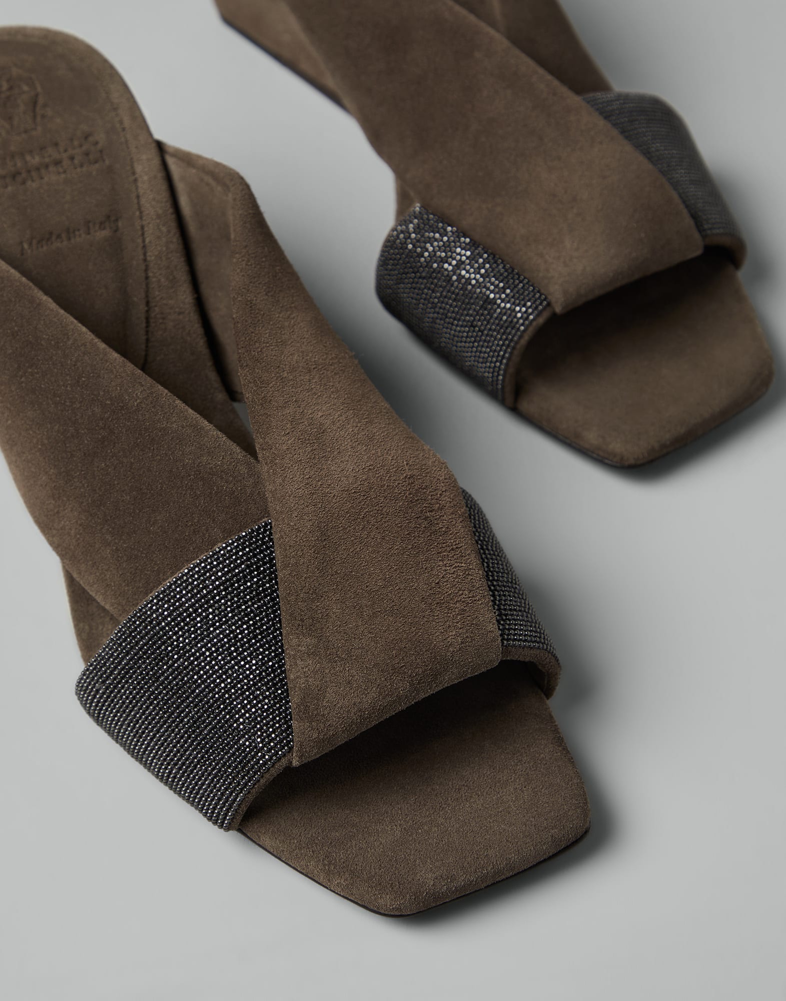 Suede wedge mules with precious straps