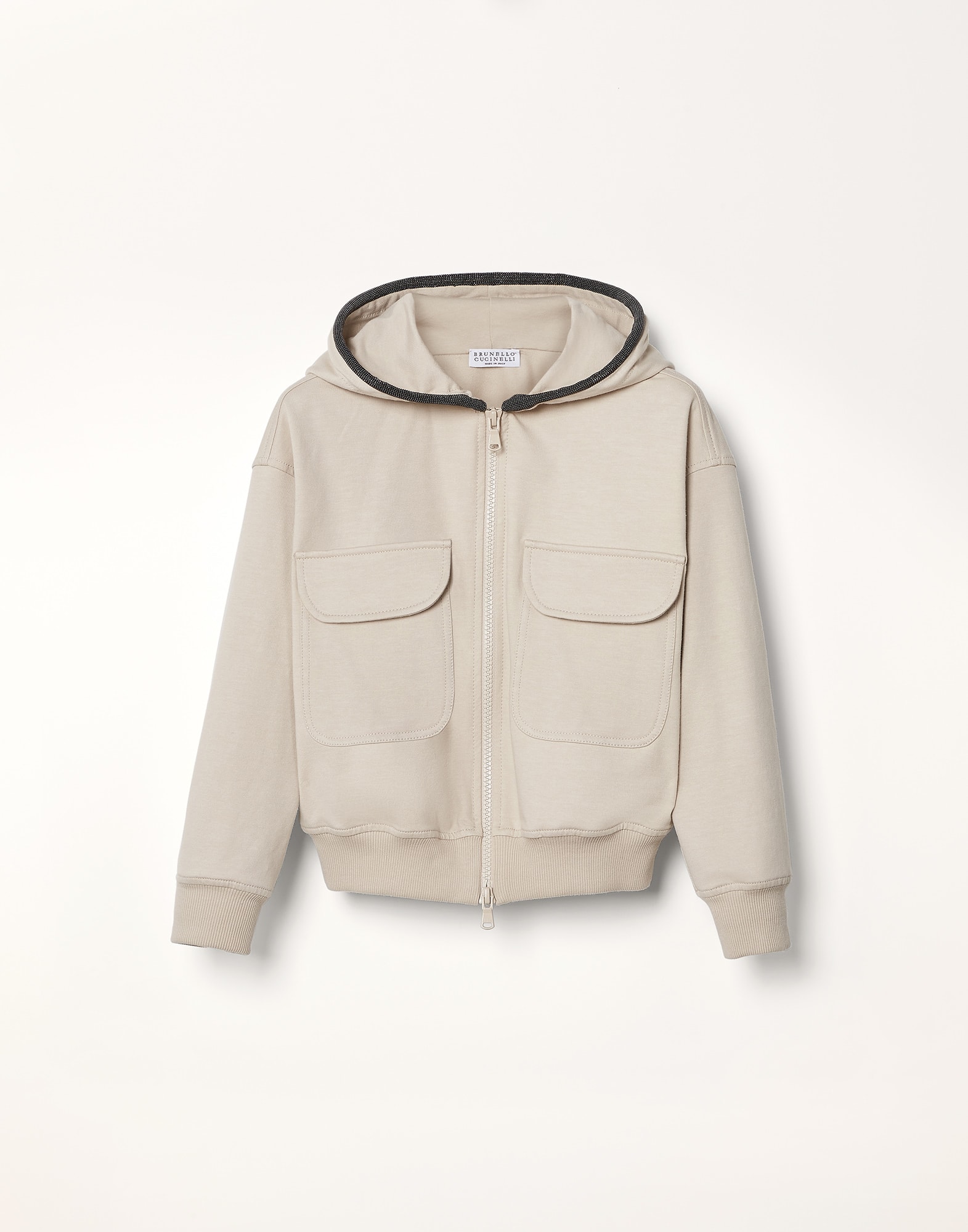 Stretch cotton lightweight French terry hooded sweatshirt and monili