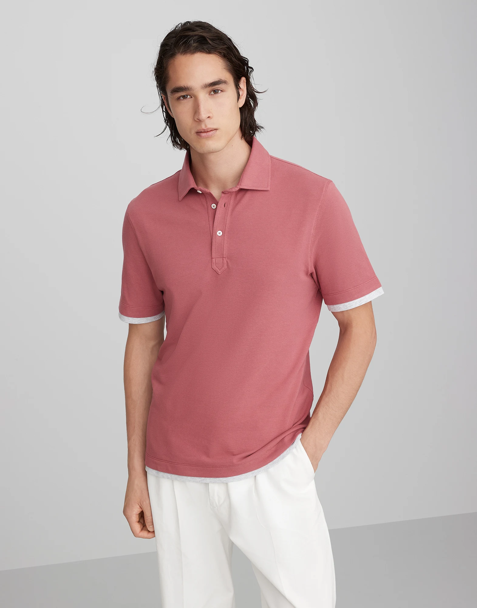 Cotton pique shirt-style collar polo with faux-layering