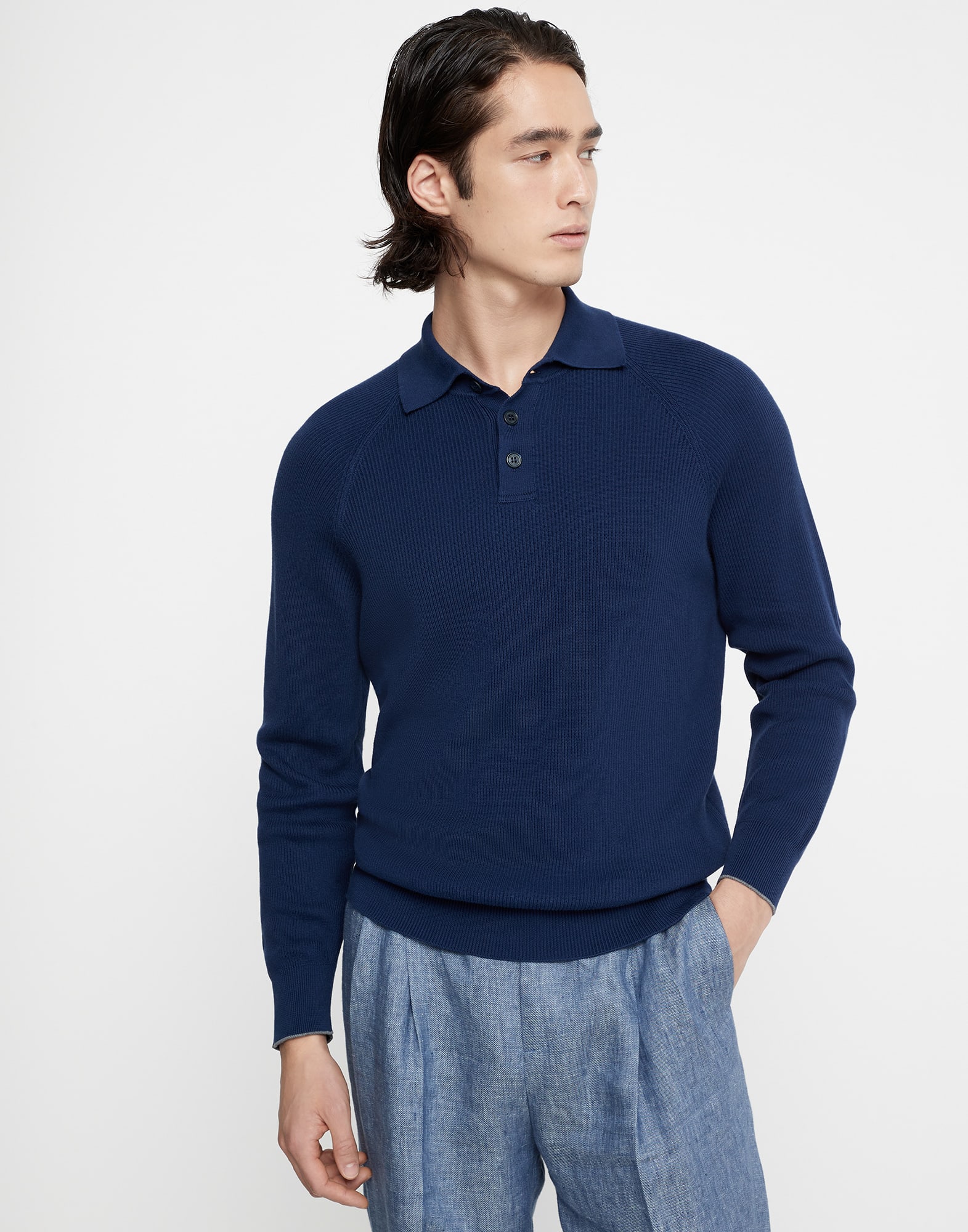 Cotton English rib knit polo with long raglan sleeves