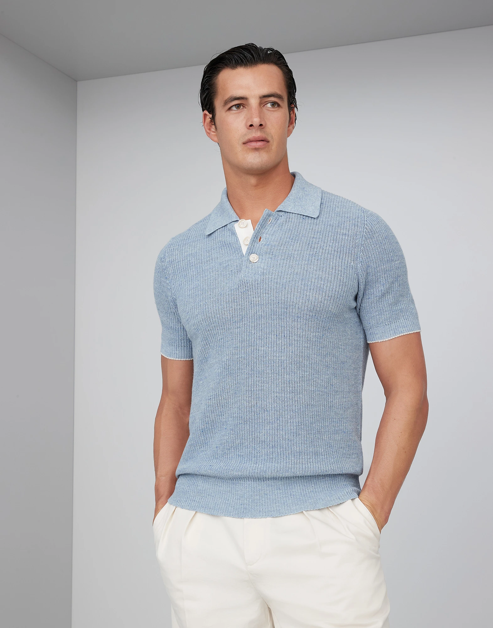 Linen and cotton half English rib knit polo with contrast detail