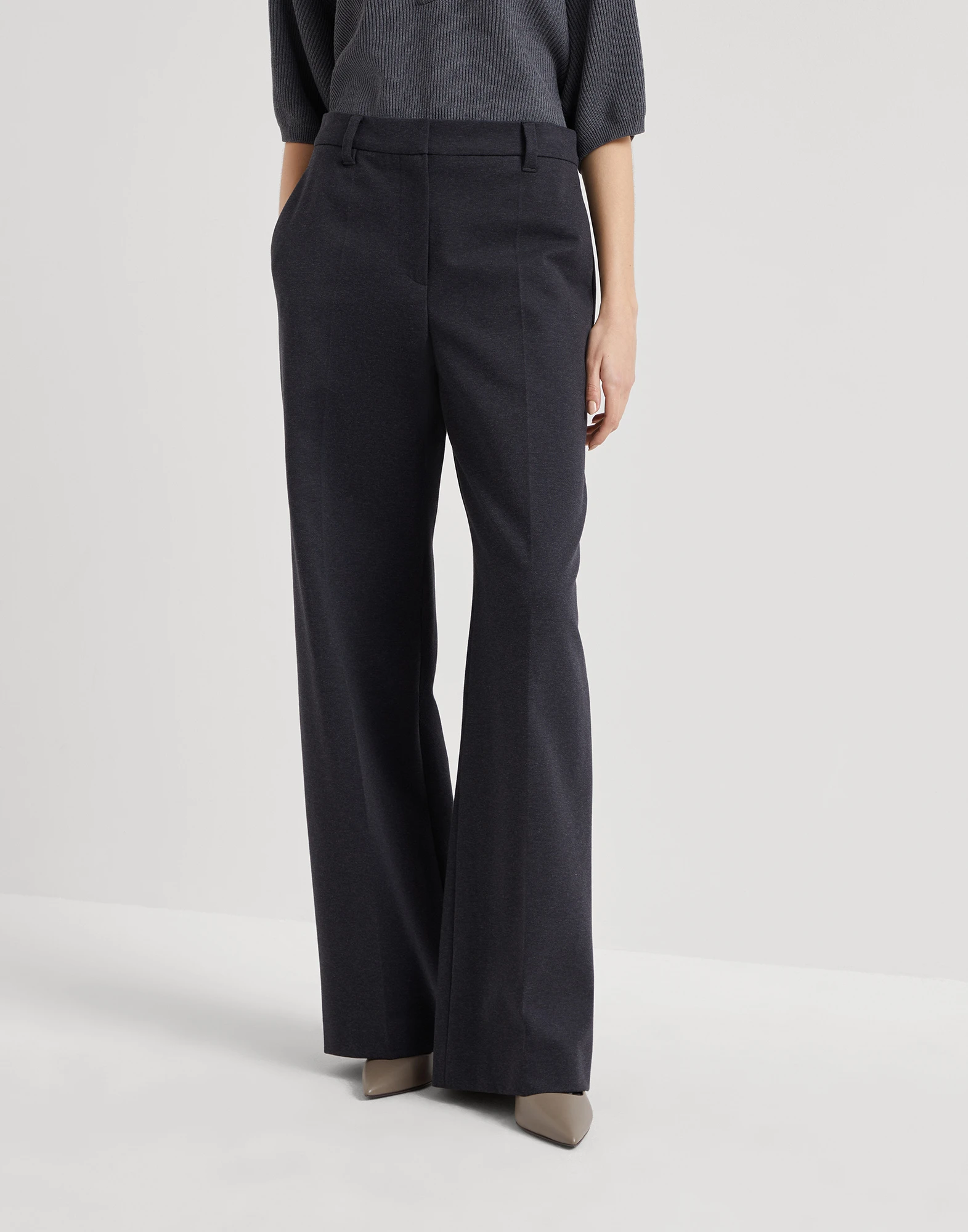 Stretch cotton couture interlock loose flared trousers