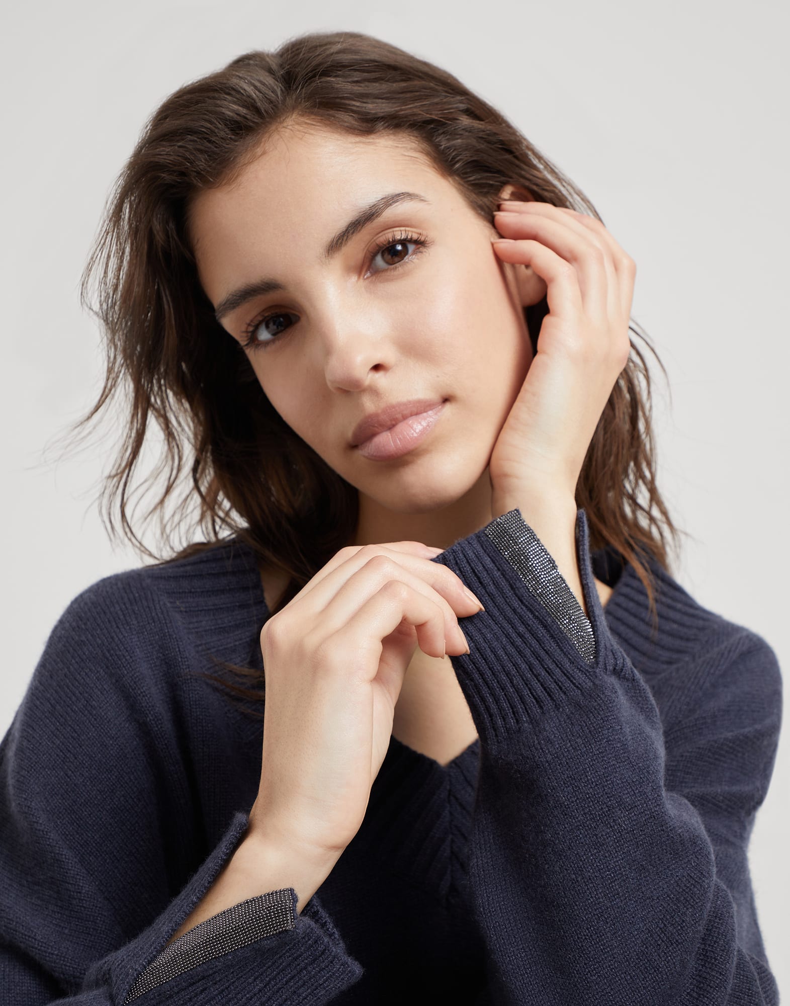 Cashmere sweater with shiny cuff details