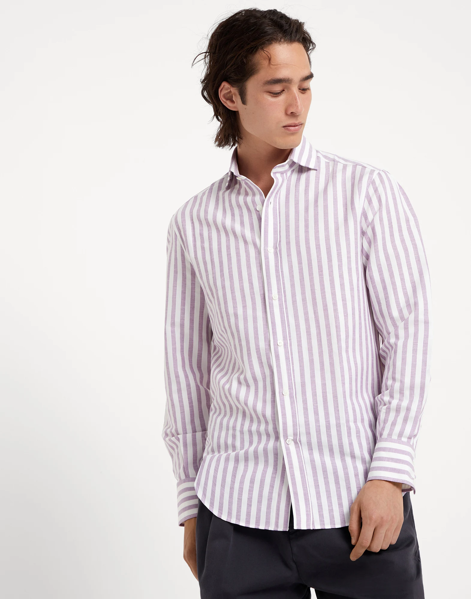Striped hemp and cotton basic fit shirt with spread collar