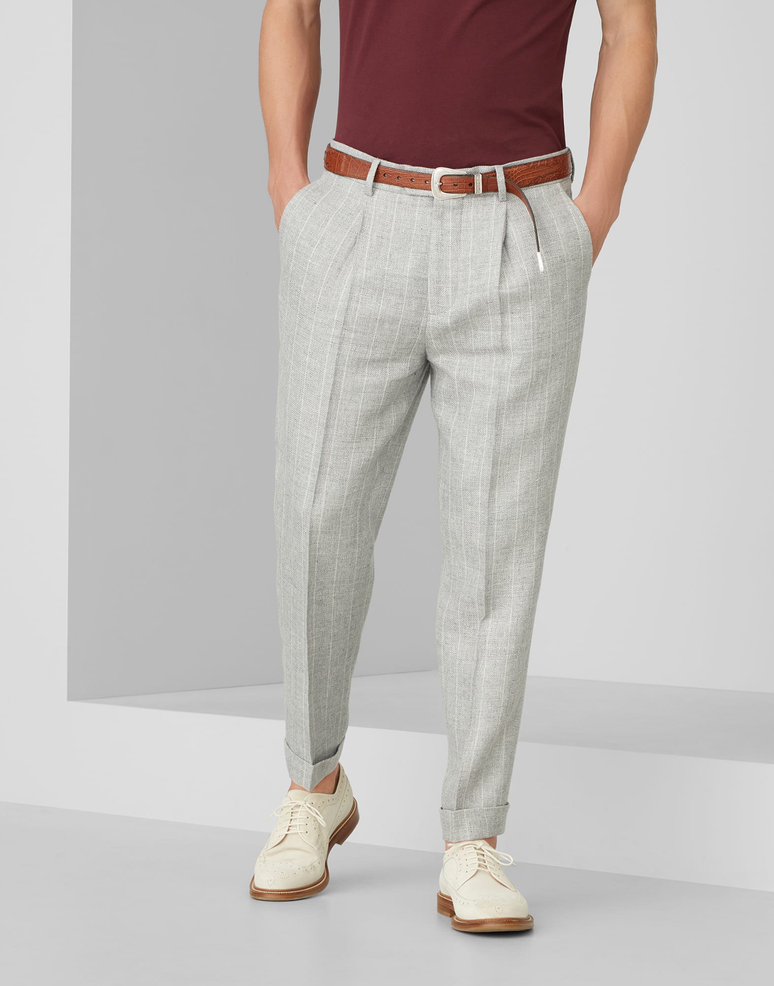 Linen, wool and silk chalk stripe leisure fit trousers with pleat