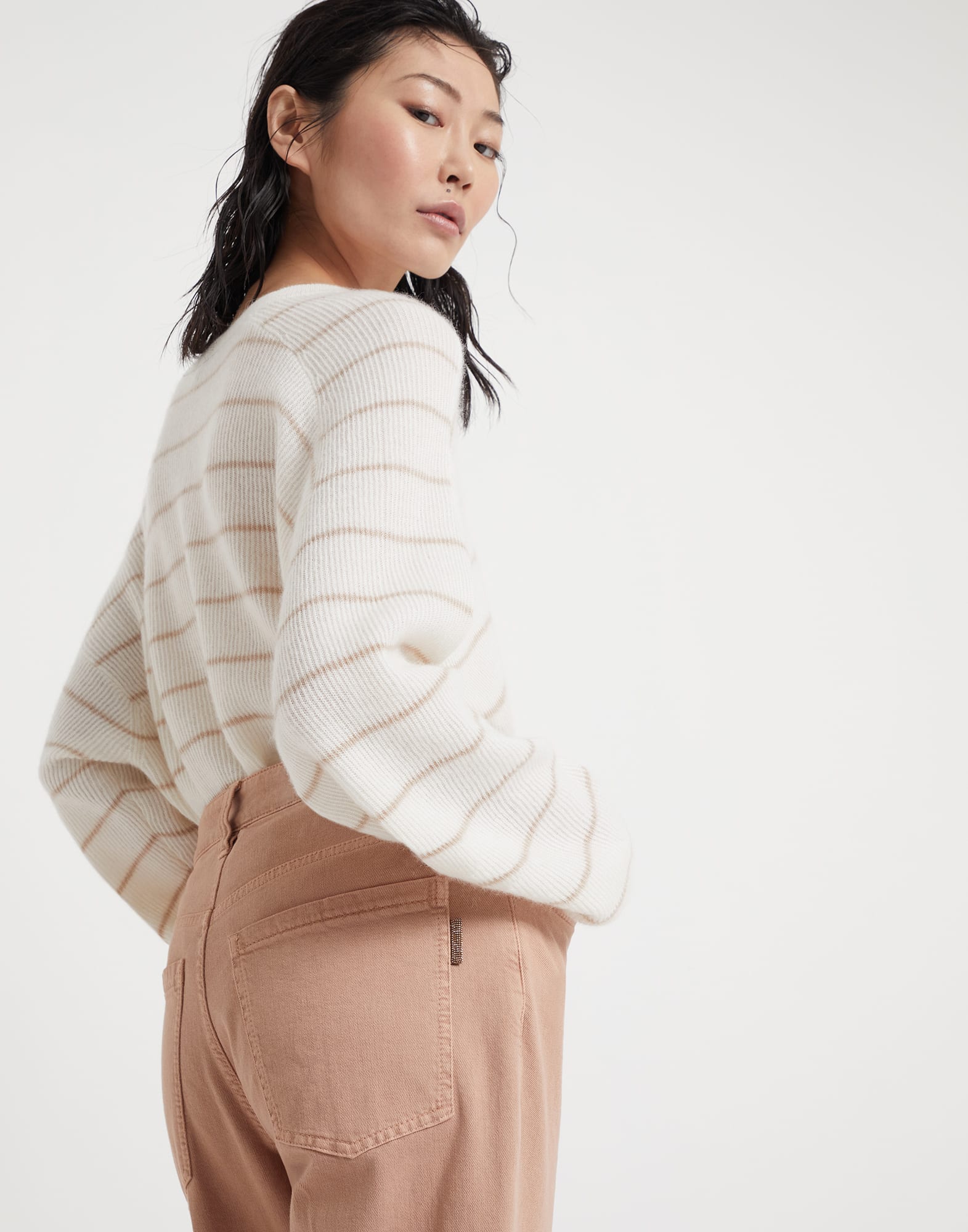 Garment-dyed kick flare trousers in comfort soft denim with shiny tab