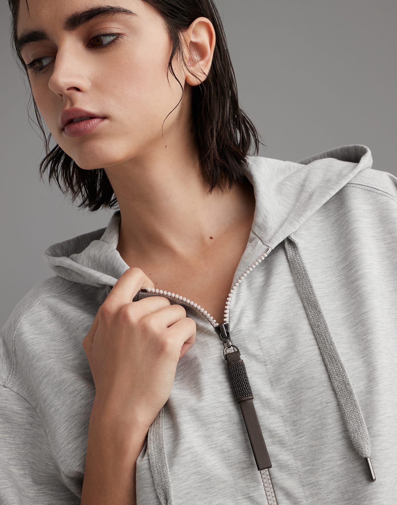 Couture interlock hooded sweatshirt with shiny zipper pull