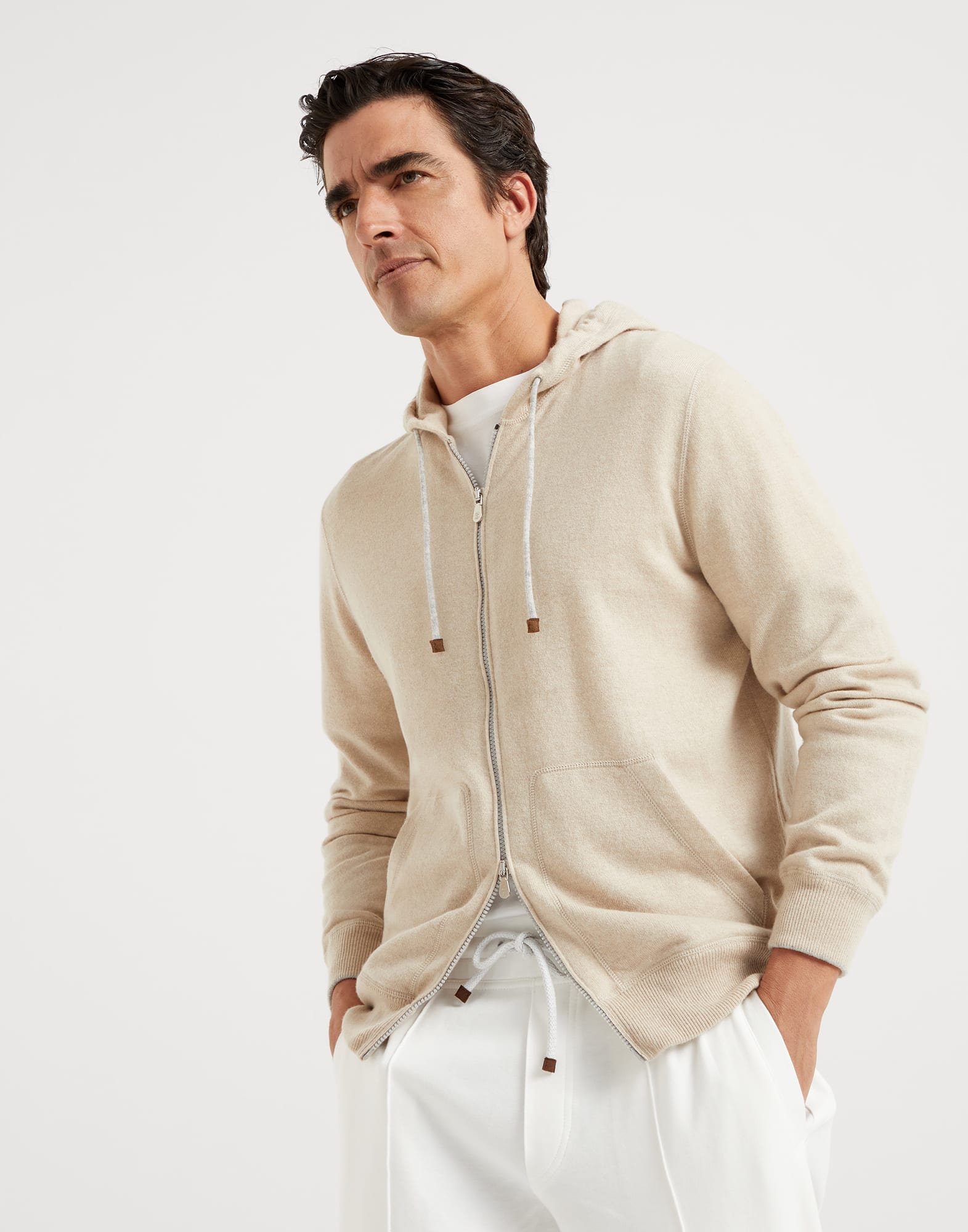 Cashmere sweatshirt-style cardigan with hood