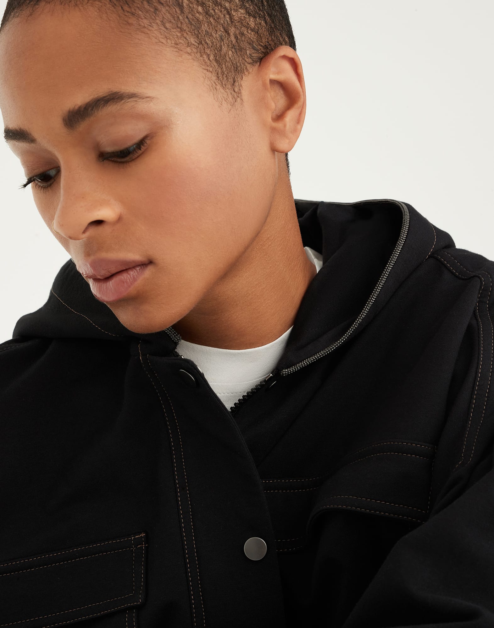 Stretch cotton lightweight French terry outerwear with monili