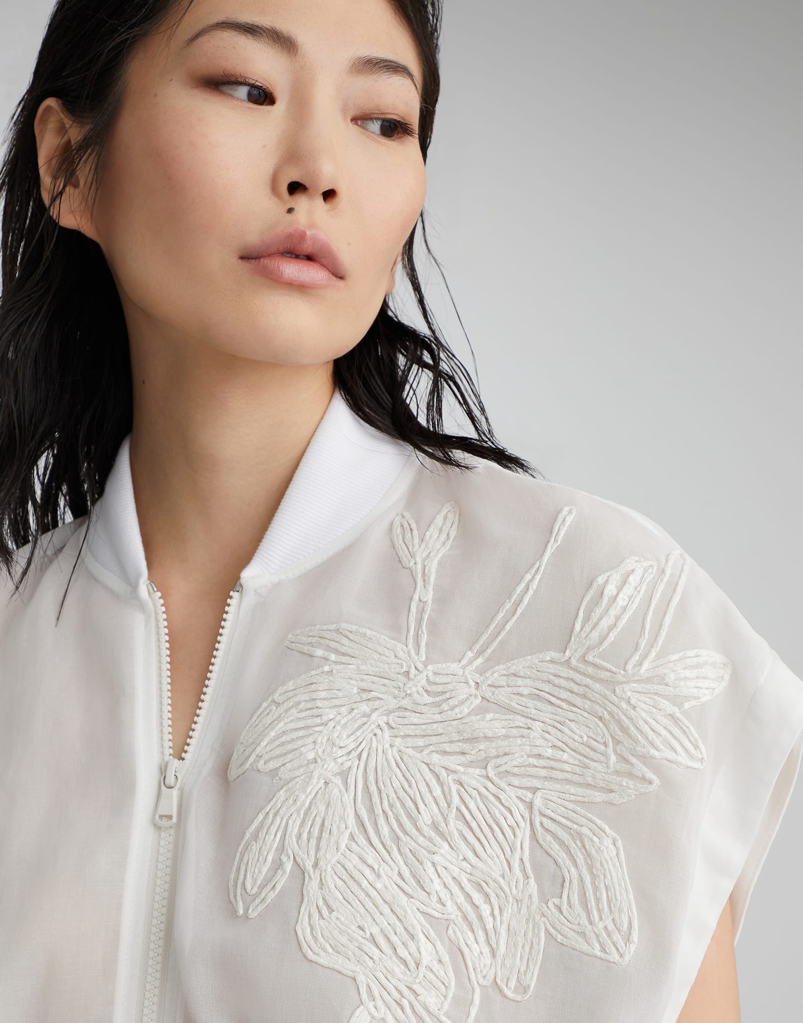 Cotton organza short sleeve bomber jacket with dazzling magnolia embroidery
