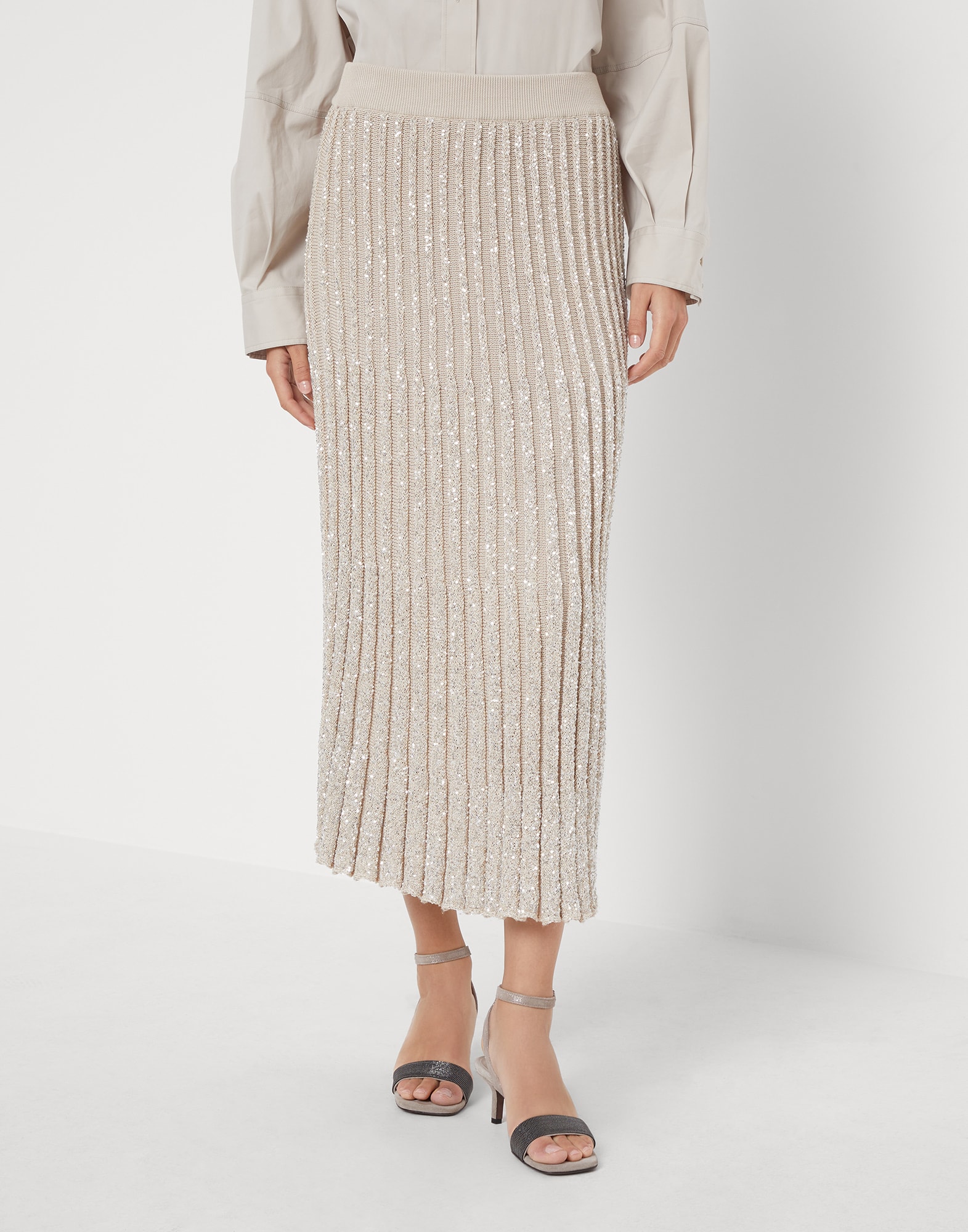 Cotton dazzling rib knit midi skirt