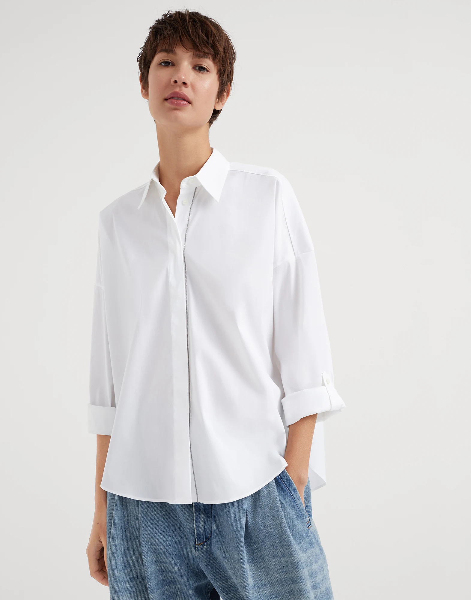Stretch cotton poplin shirt with shiny trim