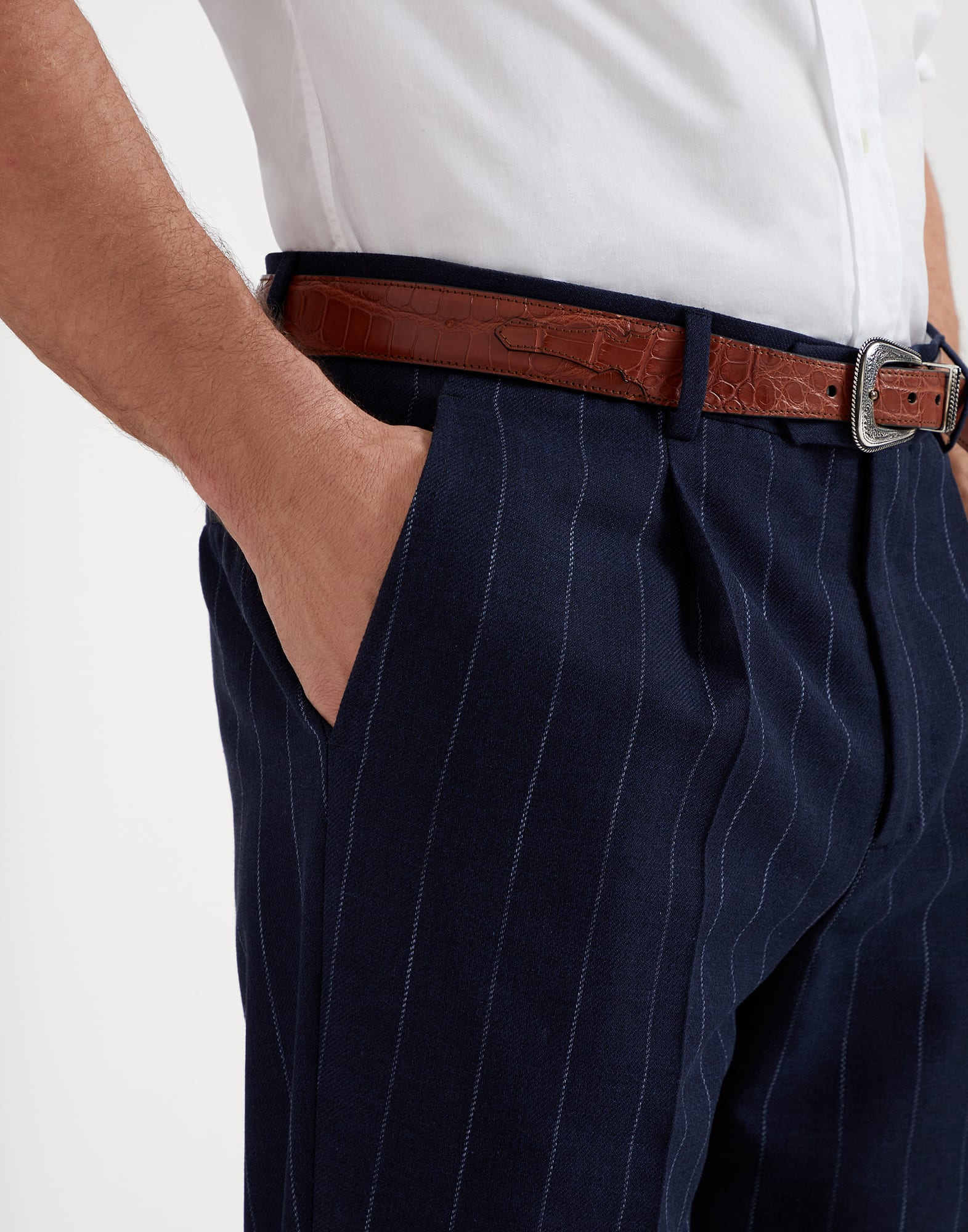Cotton and virgin wool chalk stripe diagonal leisure fit trousers with pleat