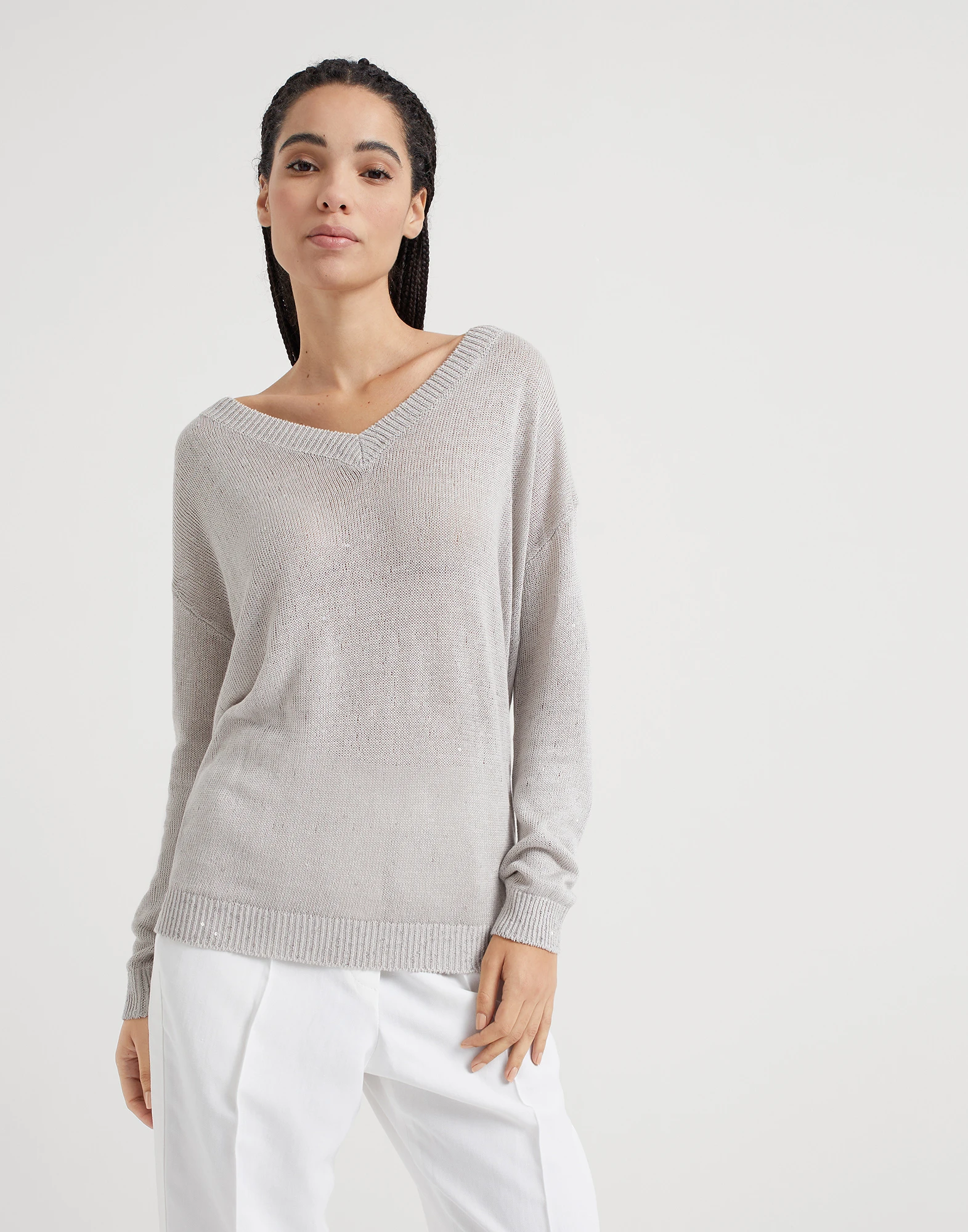Linen and silk Diamond yarn sweater with monili