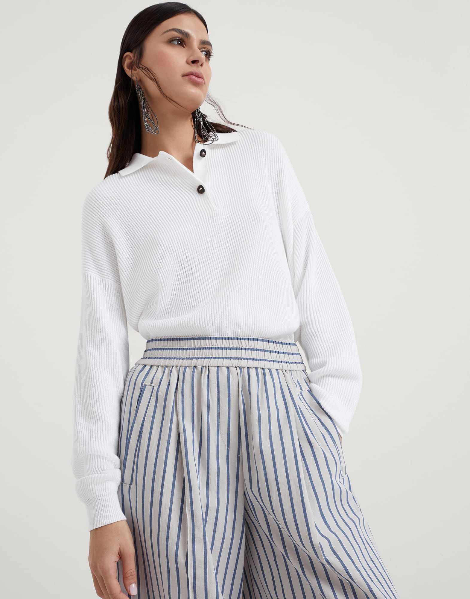 Striped cotton and linen wrinkled poplin loose track trousers