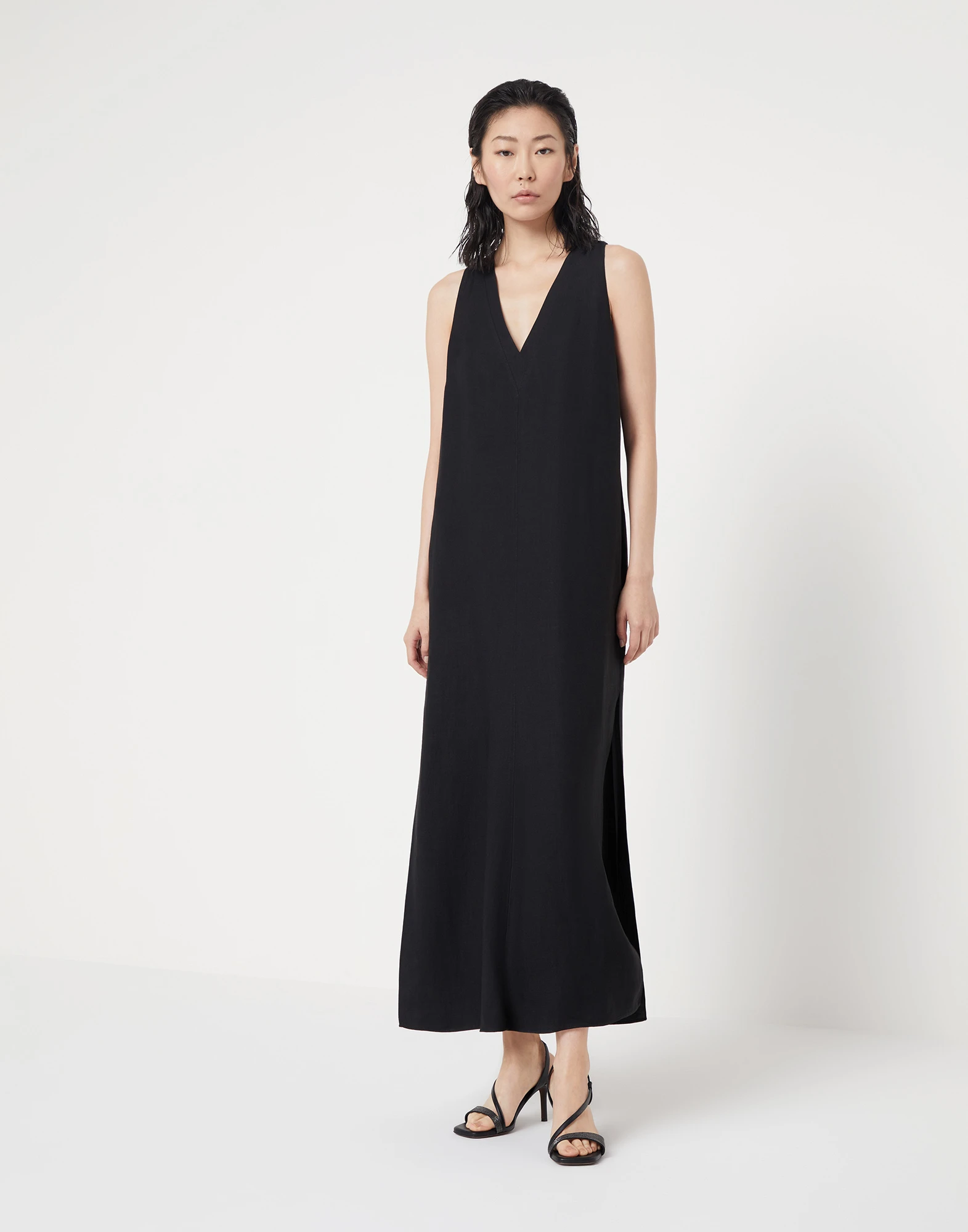 Viscose and linen fluid twill dress with monili