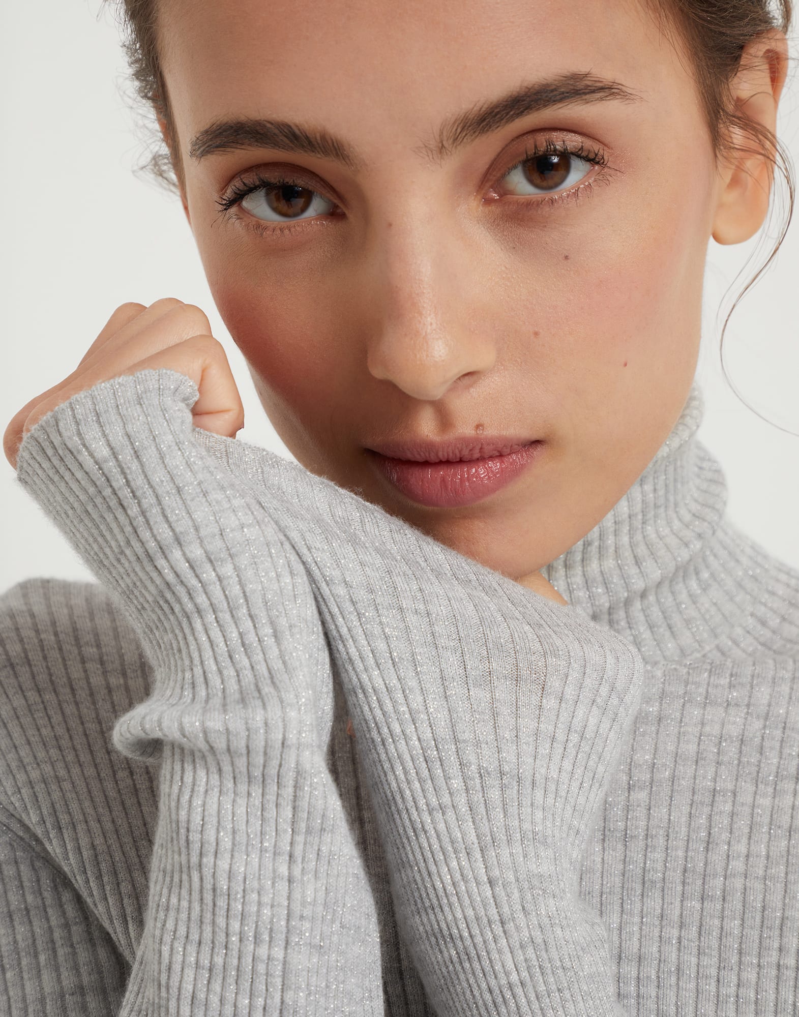 Lightweight turtleneck sweater in sparkling cashmere and silk rib knit