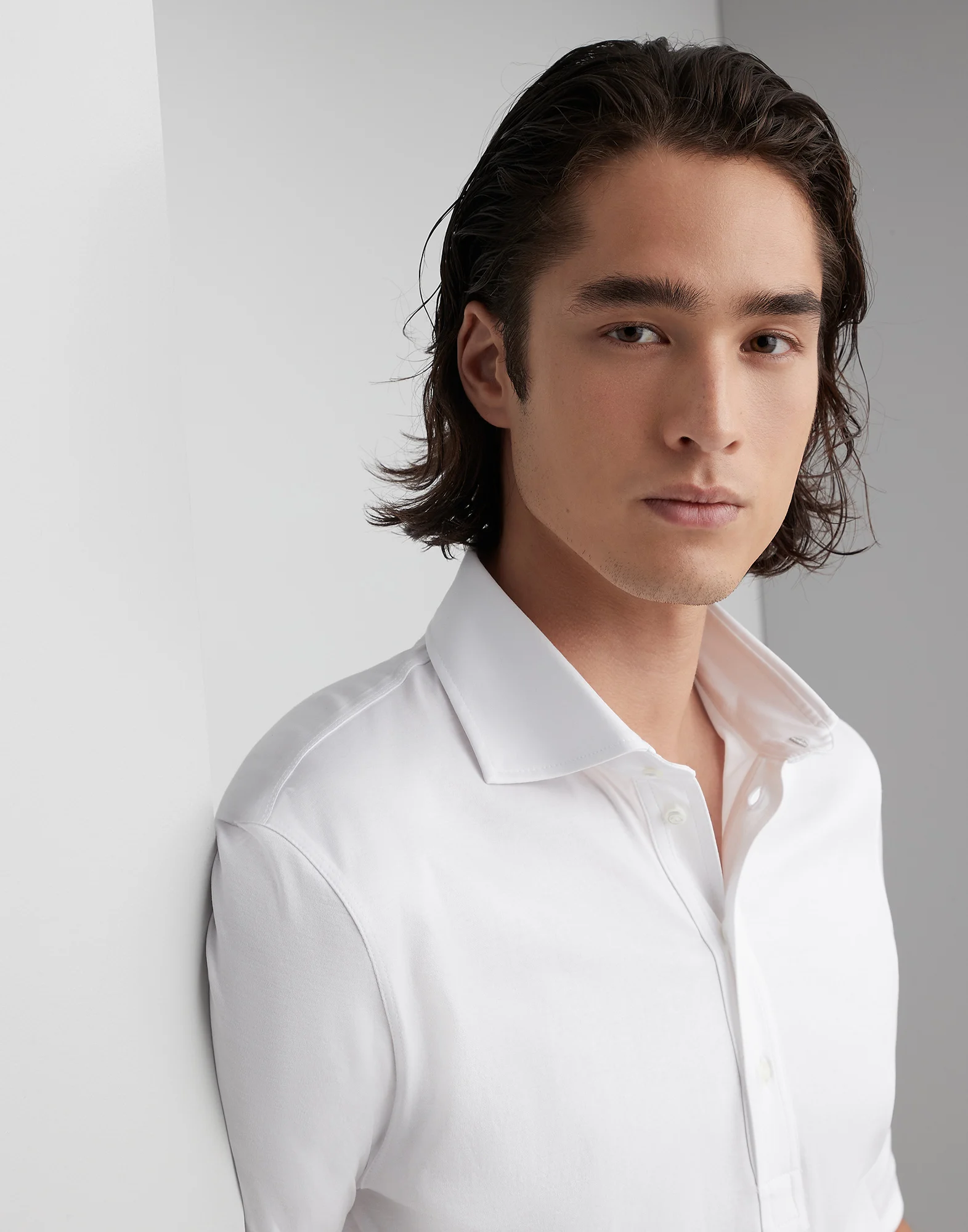 Cotton jersey long sleeve polo with shirt-style collar