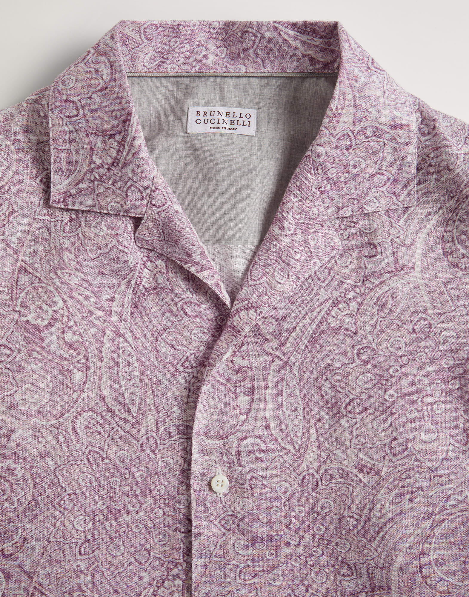Paisley print linen short sleeve shirt with camp collar
