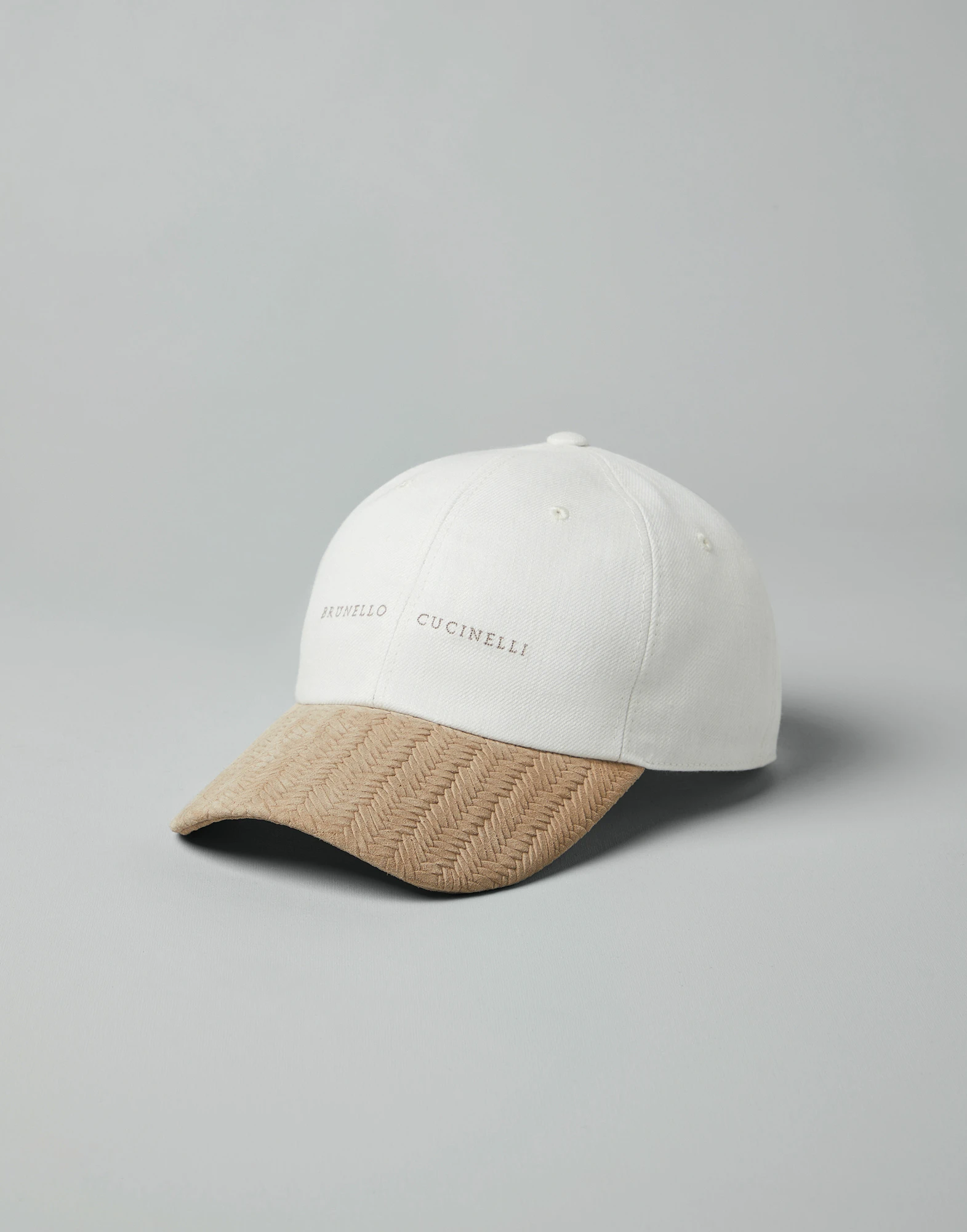 Denim-effect linen and suede baseball cap with embroidery