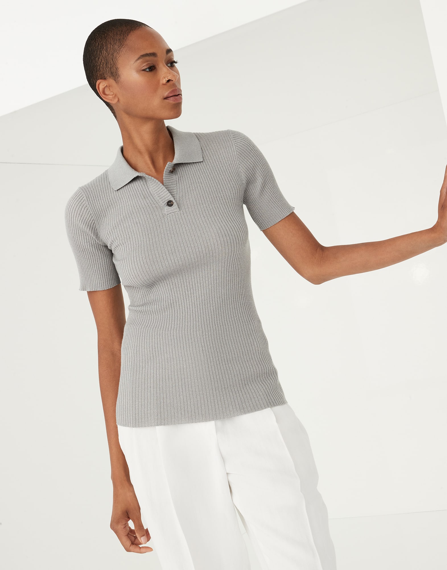 Sparkling cashmere and silk lightweight rib knit polo