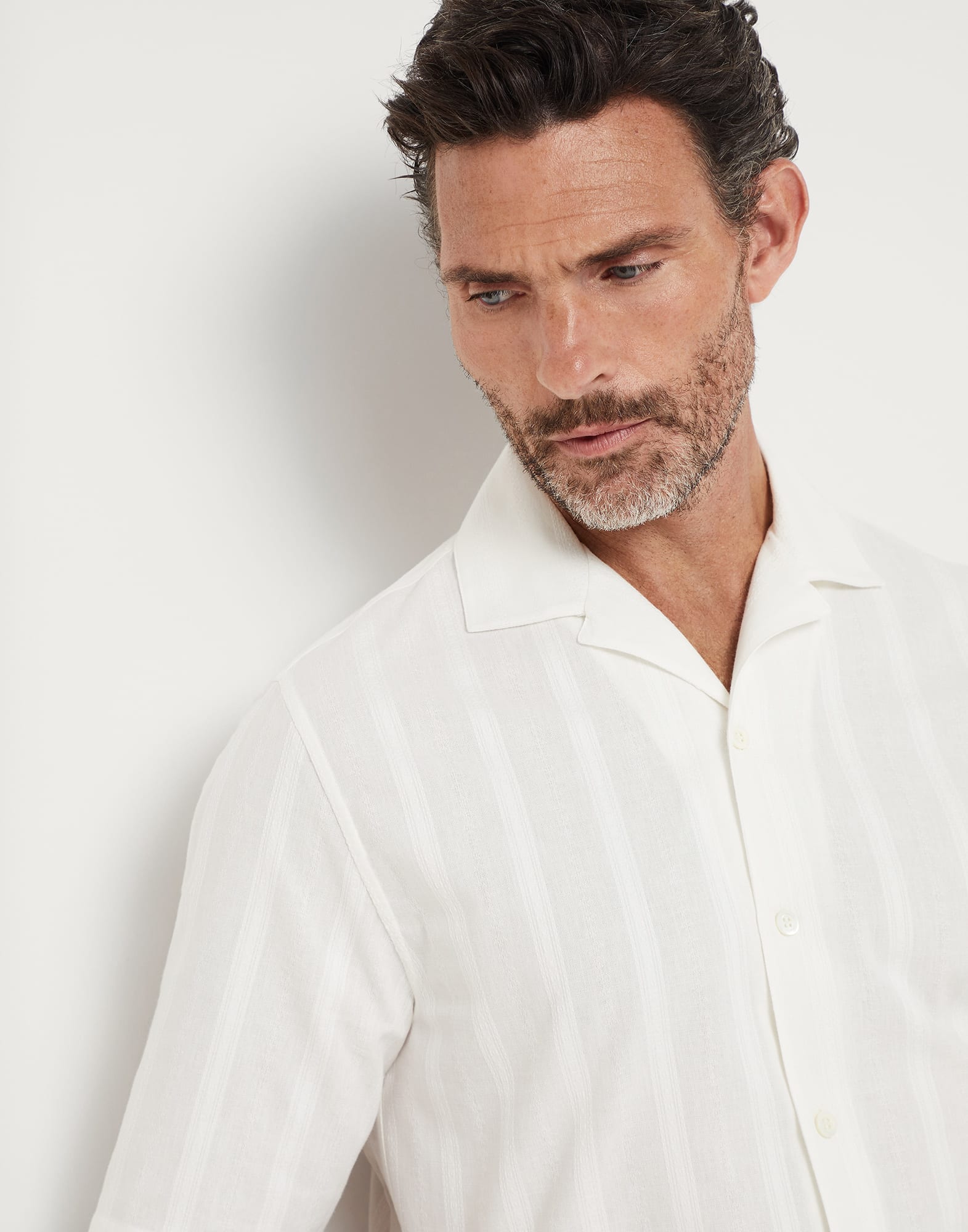 Textured stripe panama short sleeve easy fit shirt with camp collar