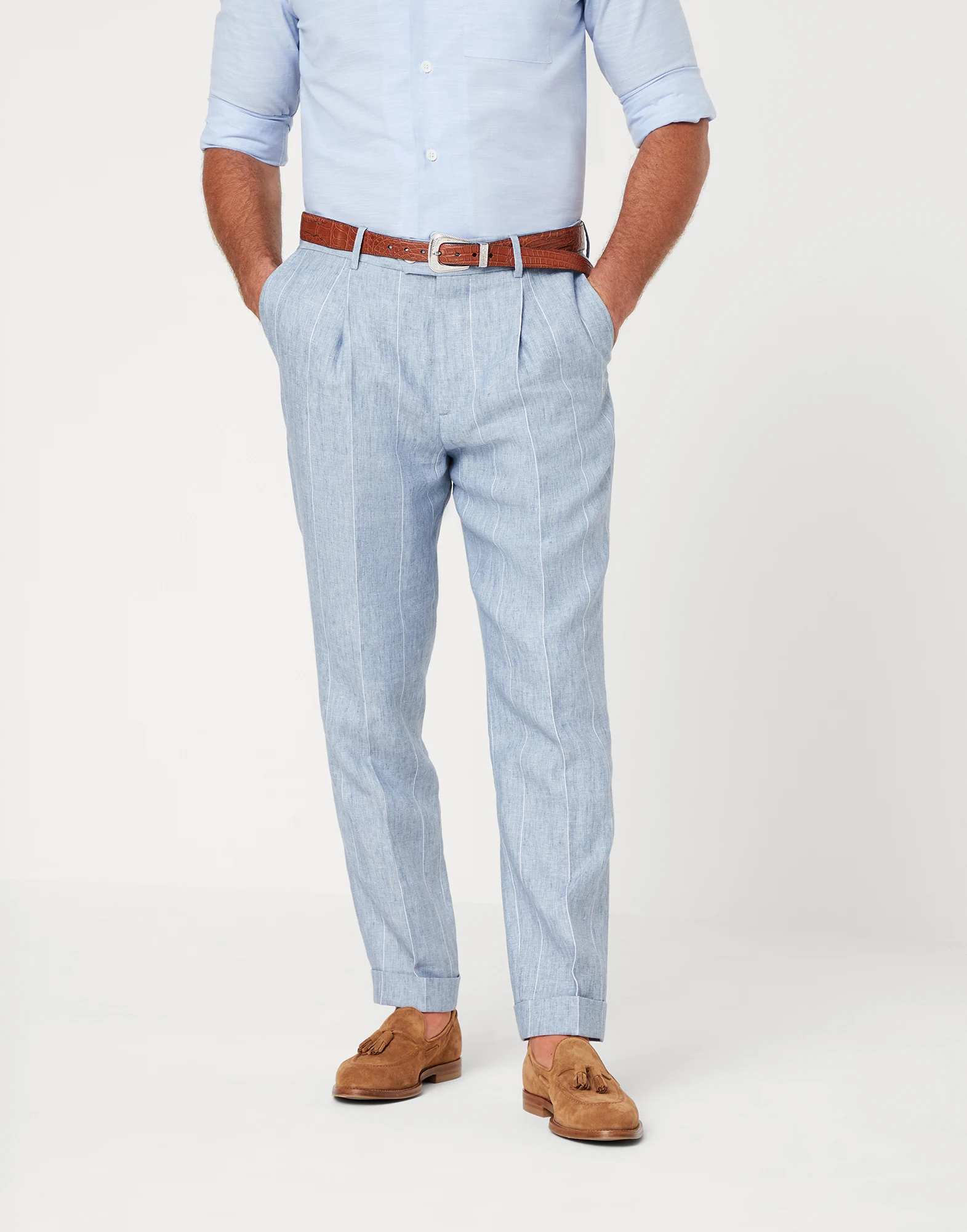 Linen wide chalk stripe leisure fit trousers with pleat