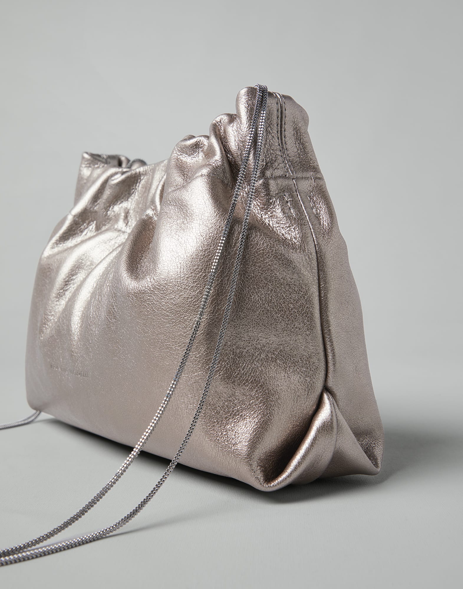 Lame calfskin soft bag with precious chain