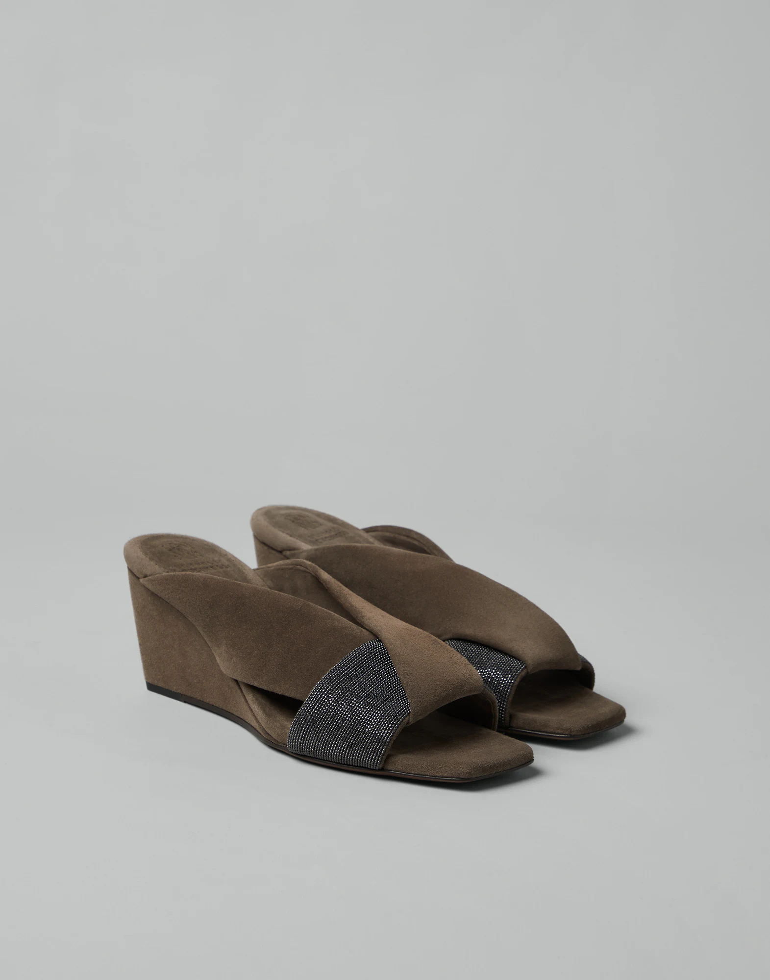 Suede wedge mules with precious straps