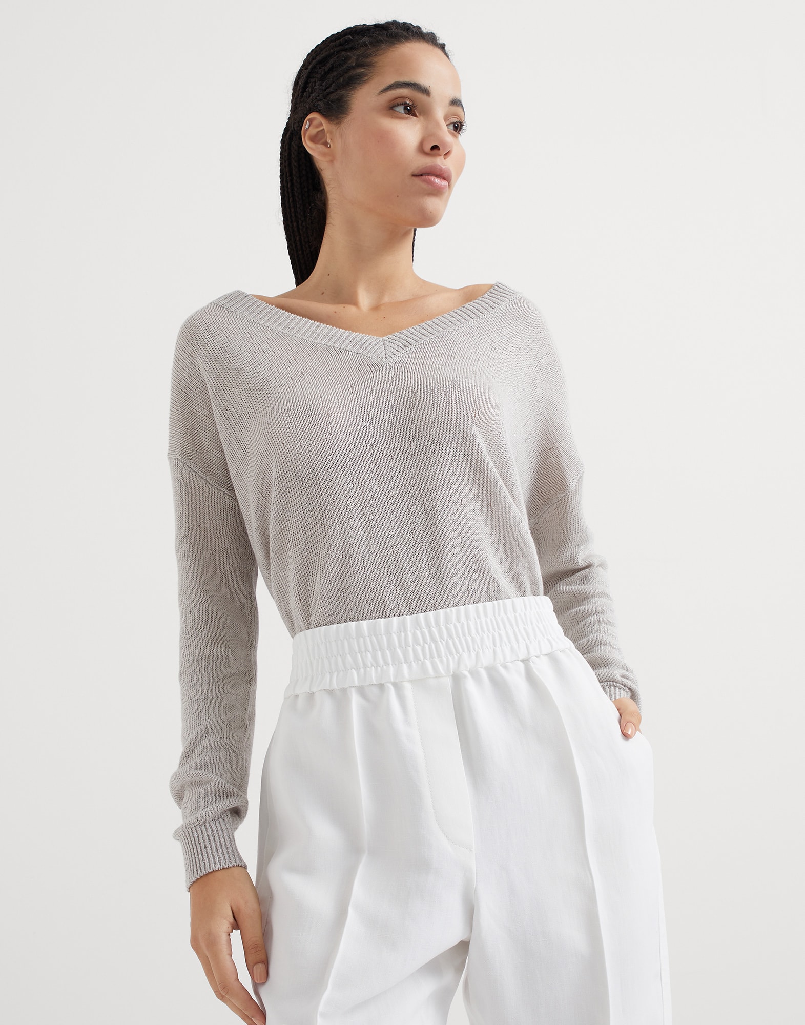 Viscose and linen fluid twill baggy pull-on trousers