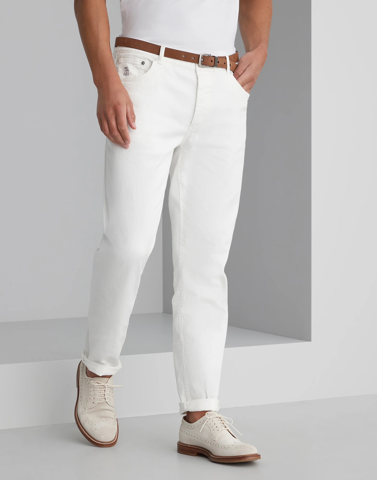 Garment-dyed comfort lightweight denim traditional fit five-pocket trousers