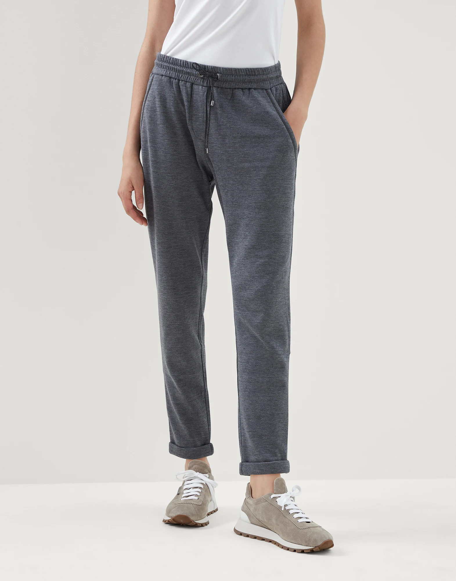 Cotton and silk interlock trousers with shiny pocket detail
