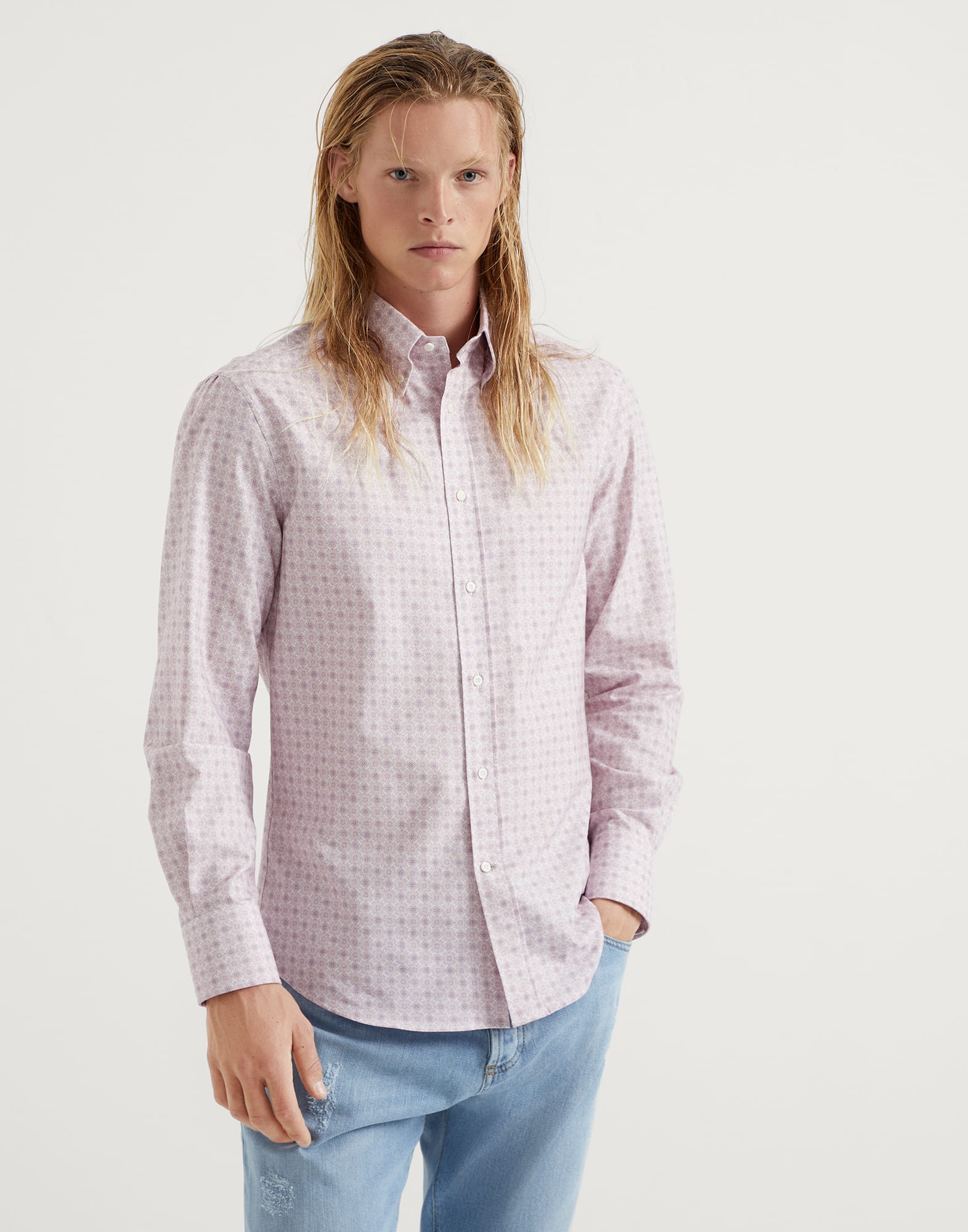Cotton slim fit shirt with geometric pattern and button-down collar