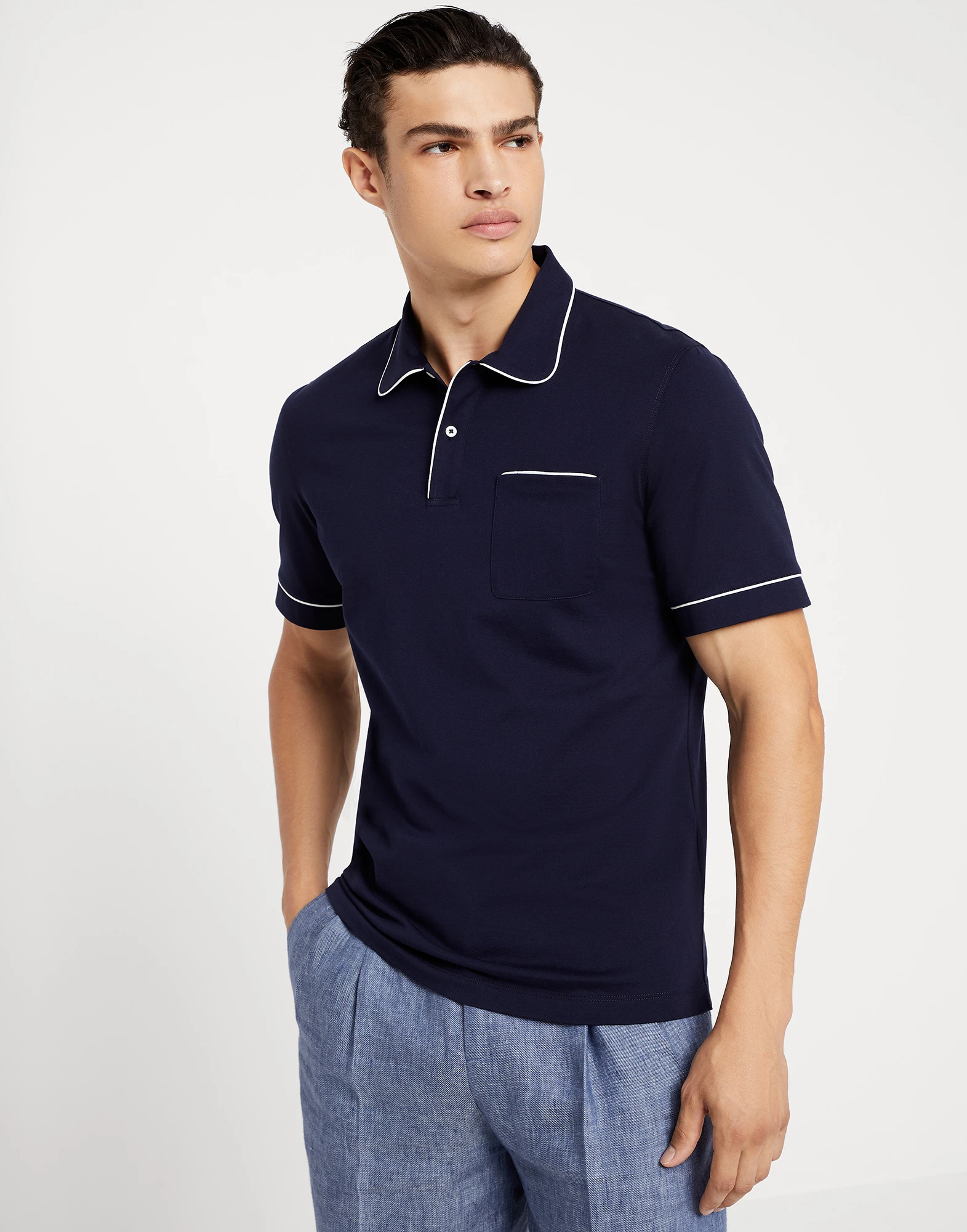 Cotton jersey club collar polo with piping
