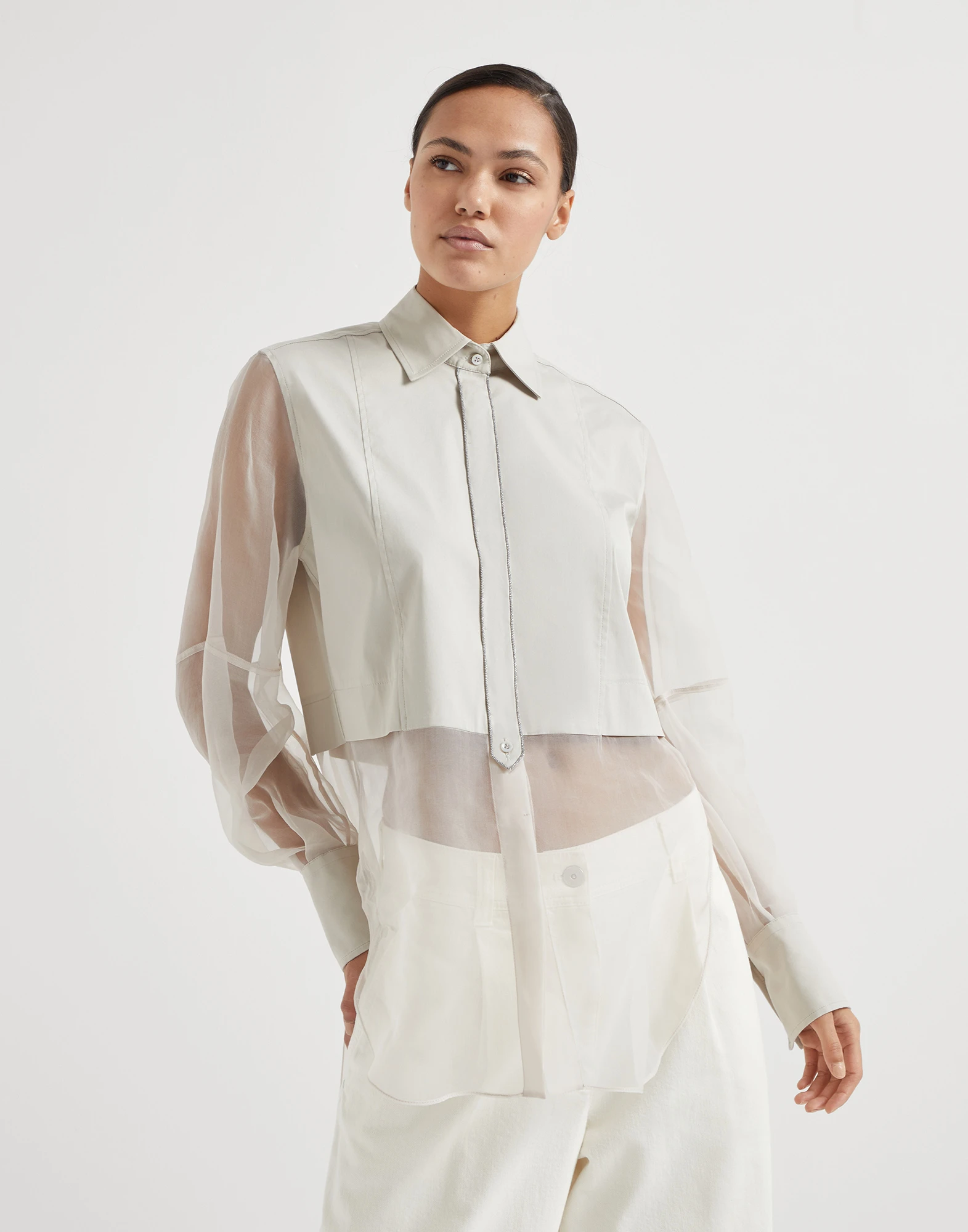 Stretch cotton poplin and crispy silk shirt with shiny trims