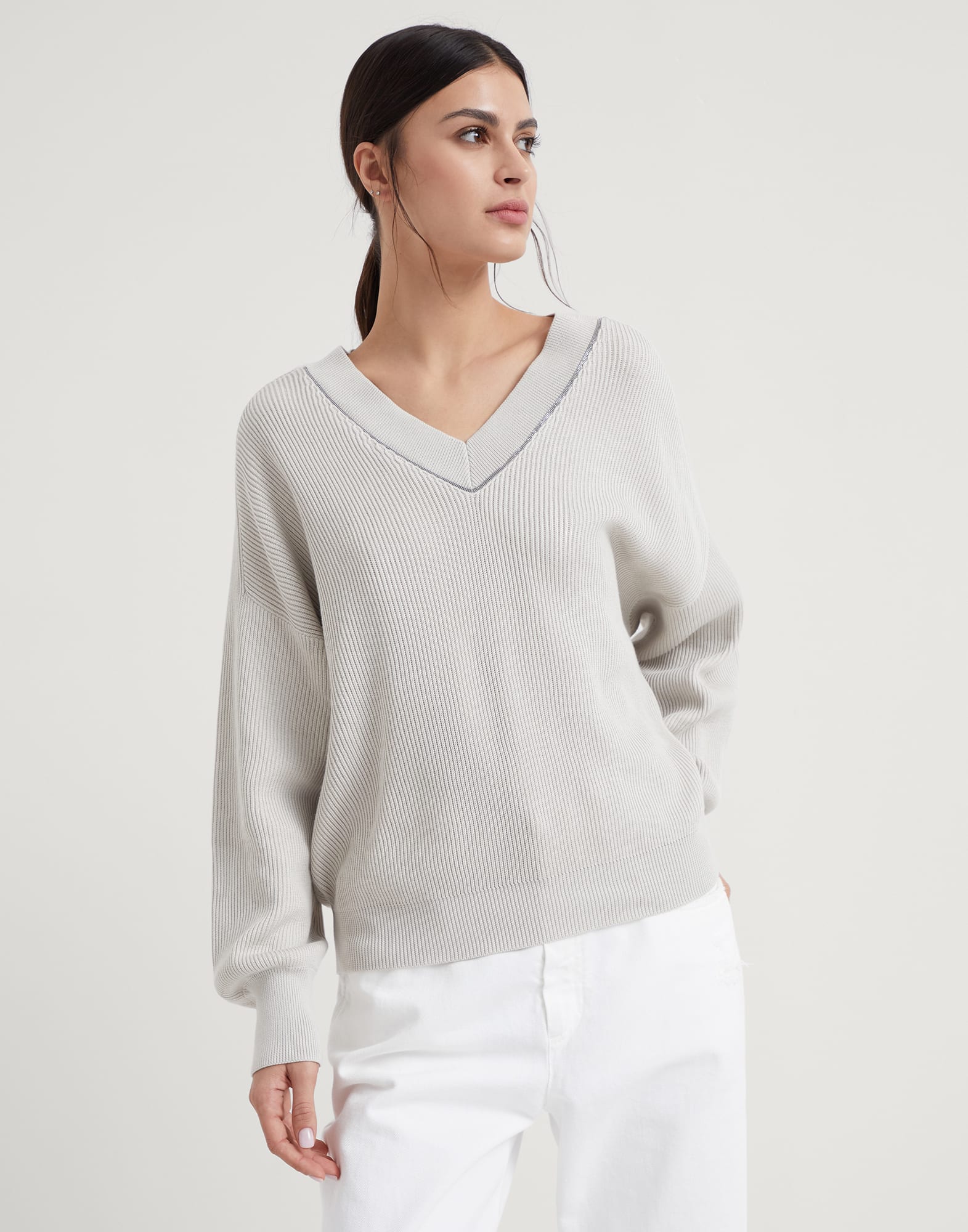 Cotton English rib sweater with shiny neckline