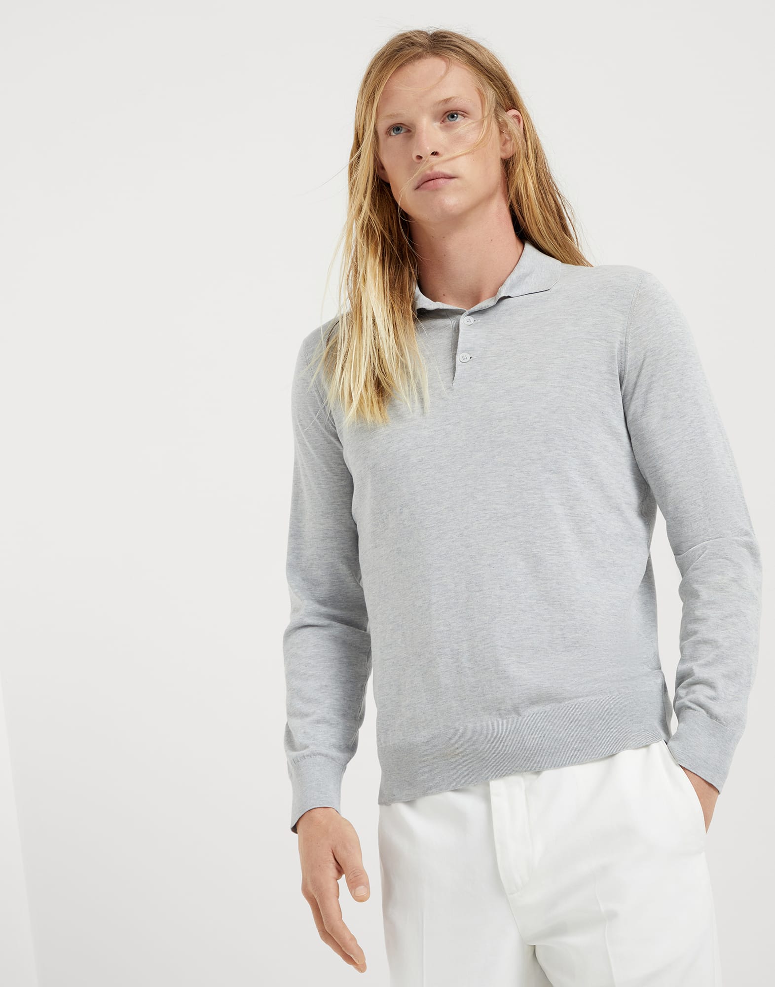 Cotton and silk lightweight knit polo with long sleeves
