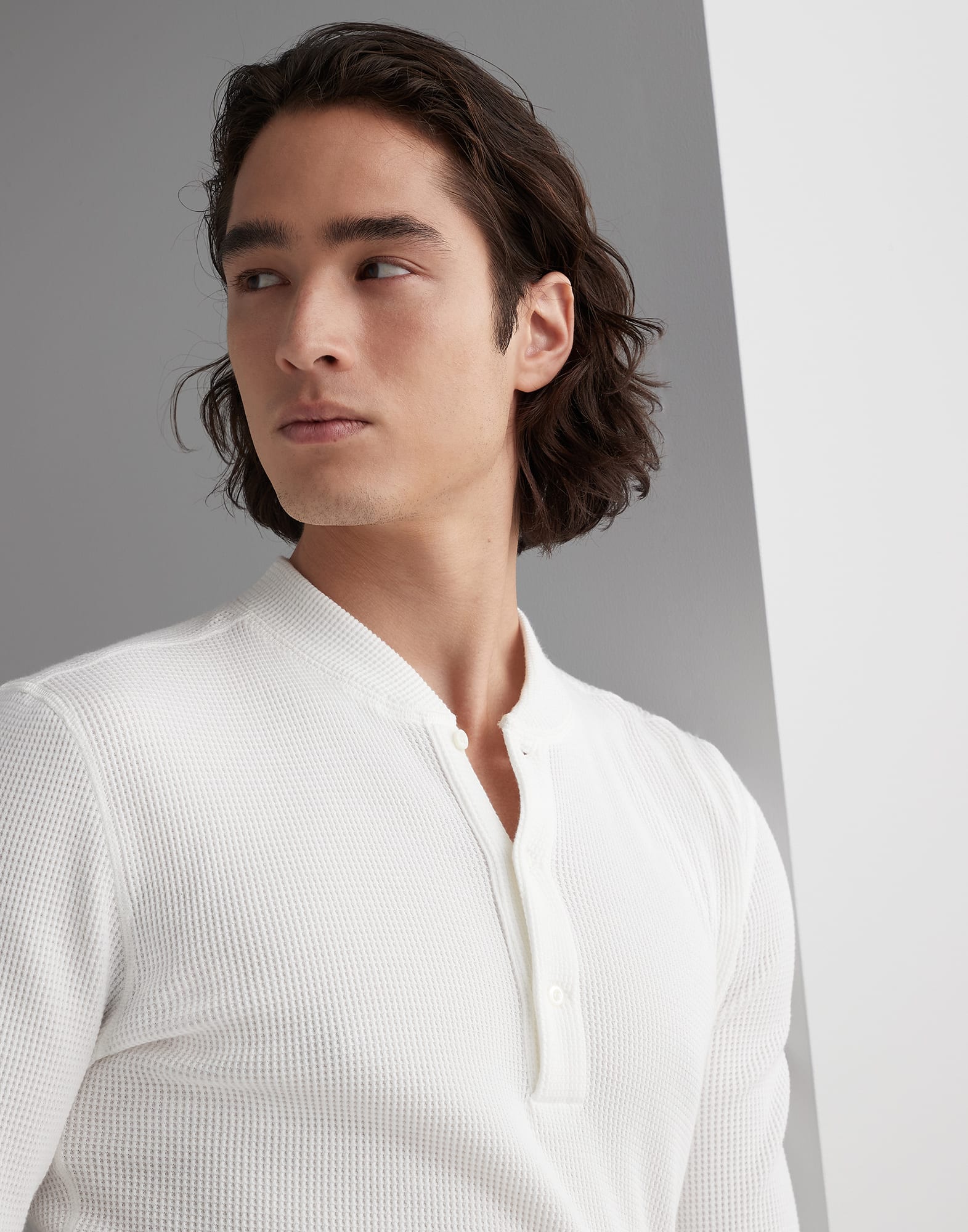 Cotton waffle pique long sleeve T-shirt with Henley collar