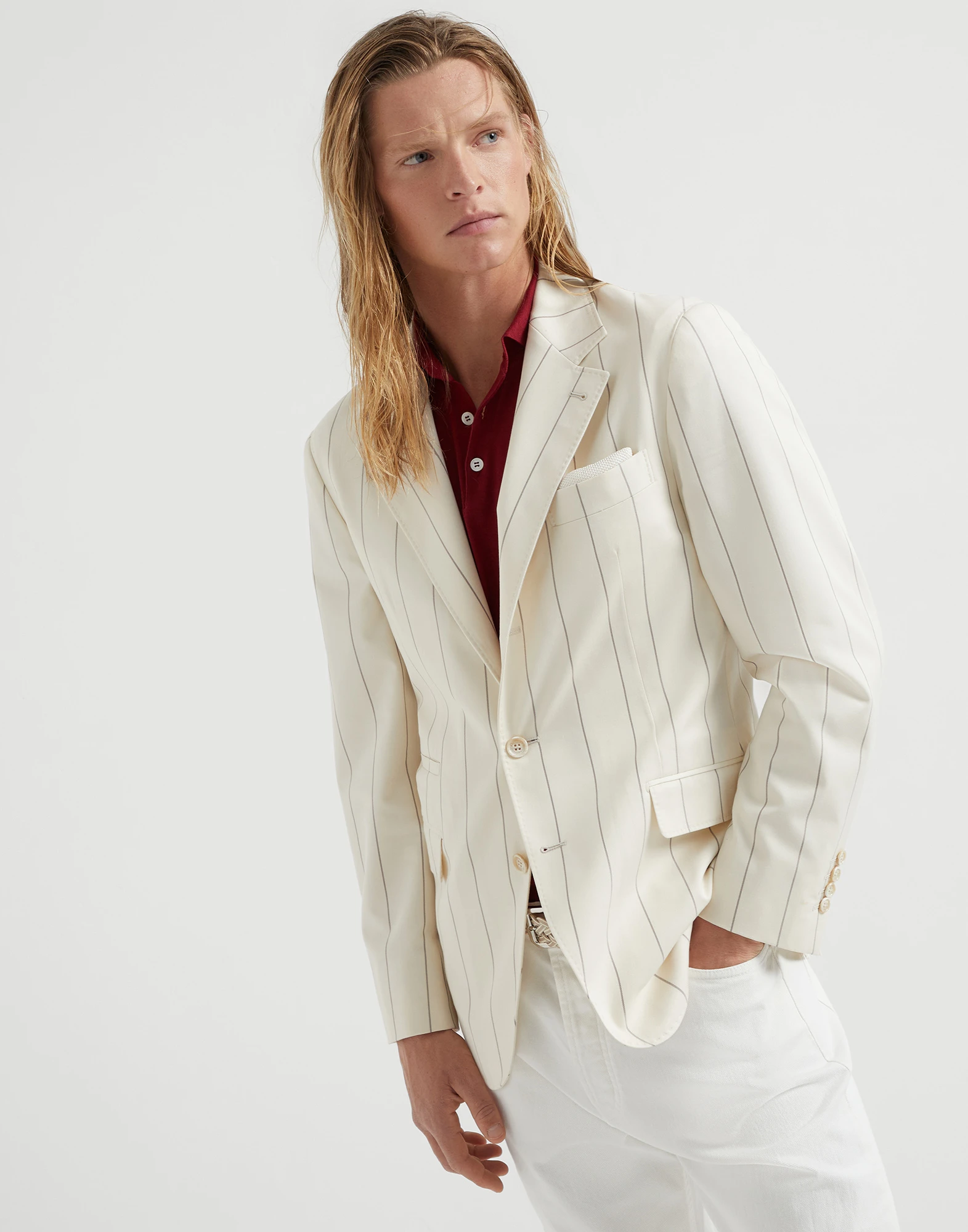 Chalk stripe deconstructed blazer
