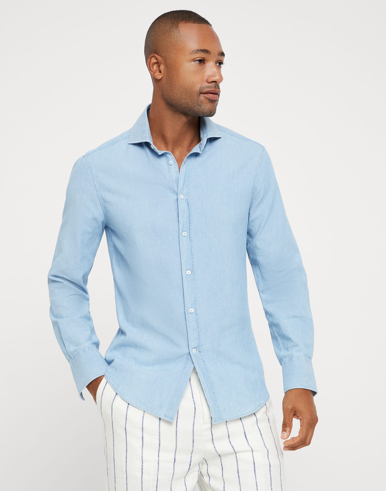 Denim-effect chambray slim fit shirt with spread collar