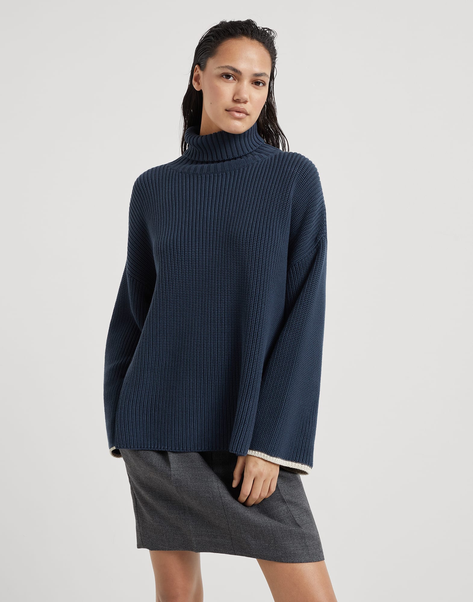 Cotton English rib turtleneck sweater with shiny contrast cuffs