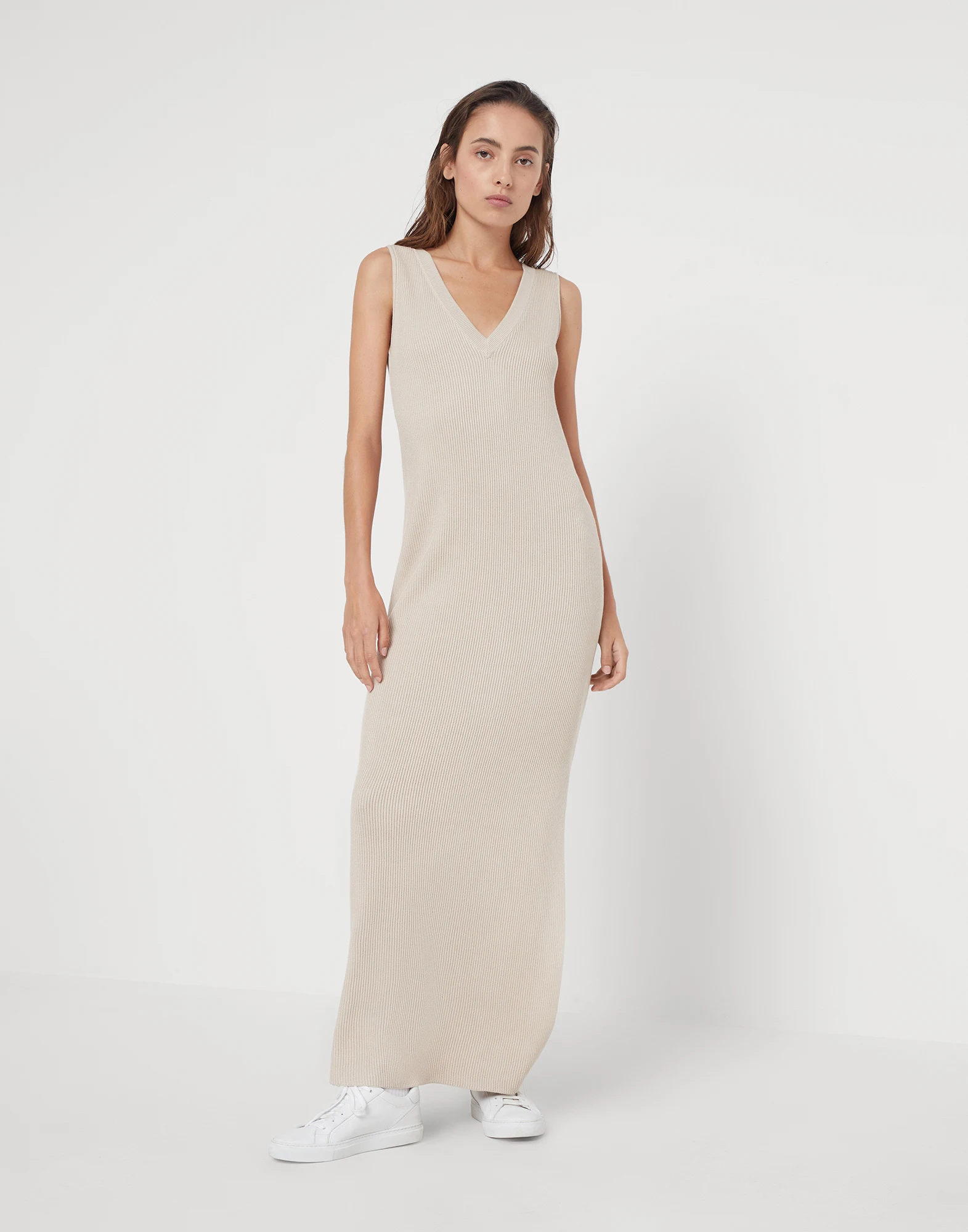 Cotton English rib knit dress with shiny back strap