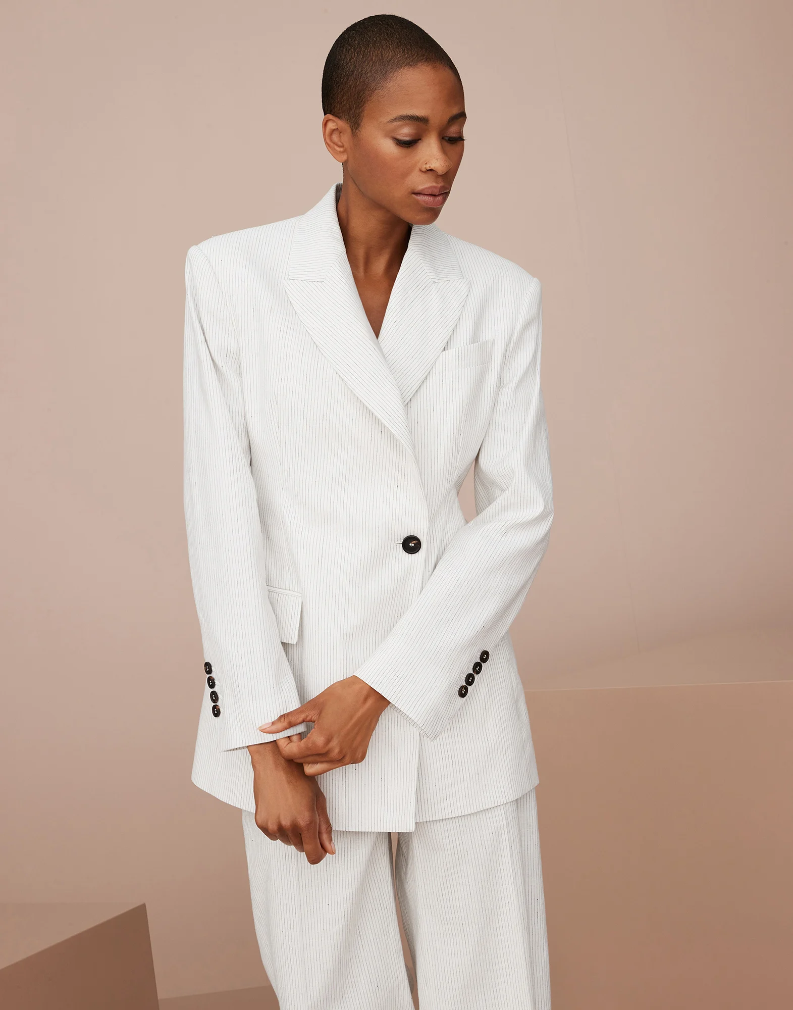Striped comfort linen and cotton blazer with monili