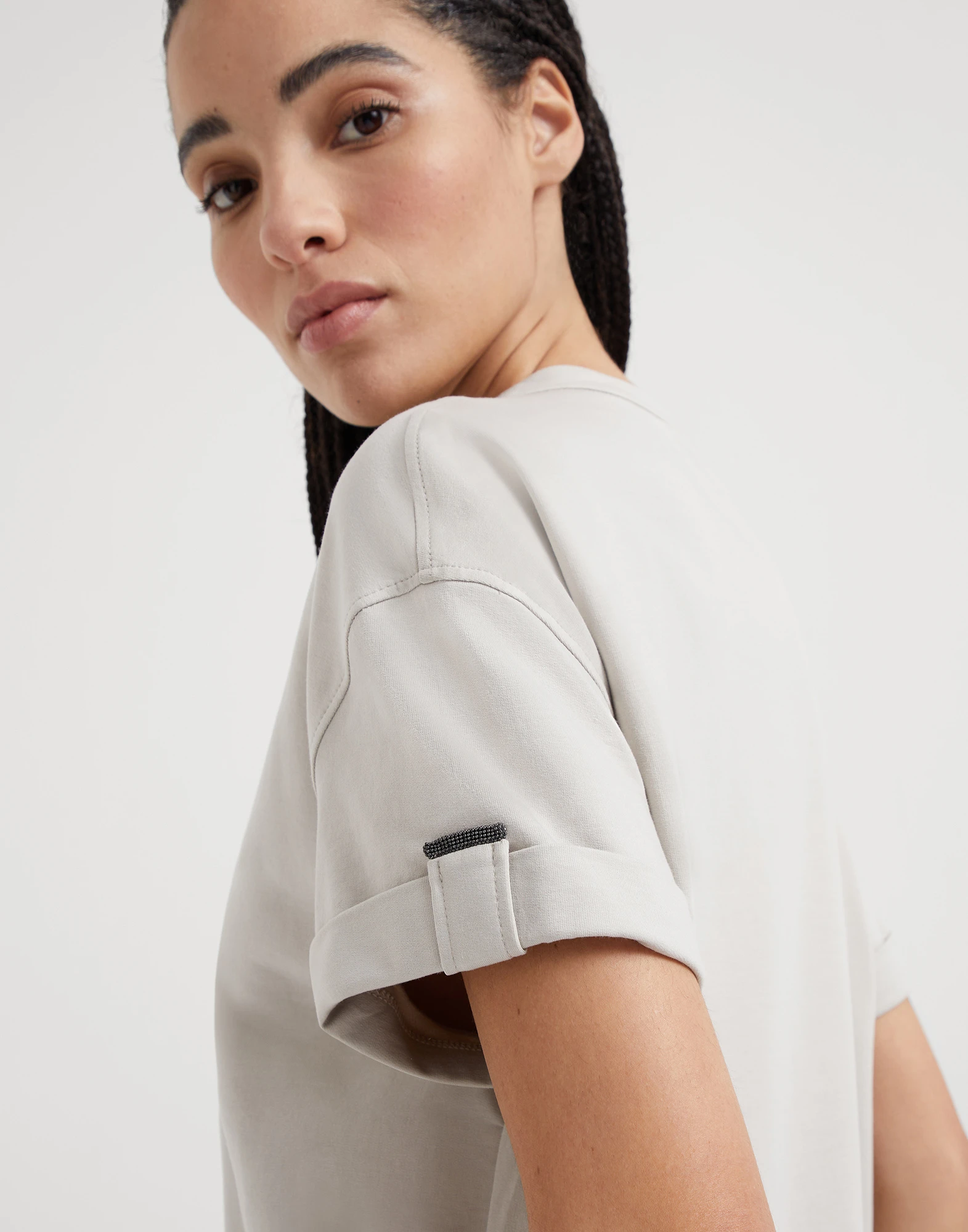 Stretch cotton lightweight French terry dress with shiny cuff detail