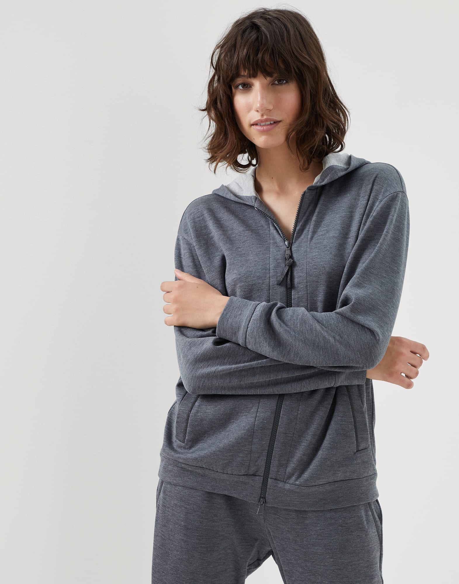 Cotton and silk interlock hooded sweatshirt with precious zipper pull