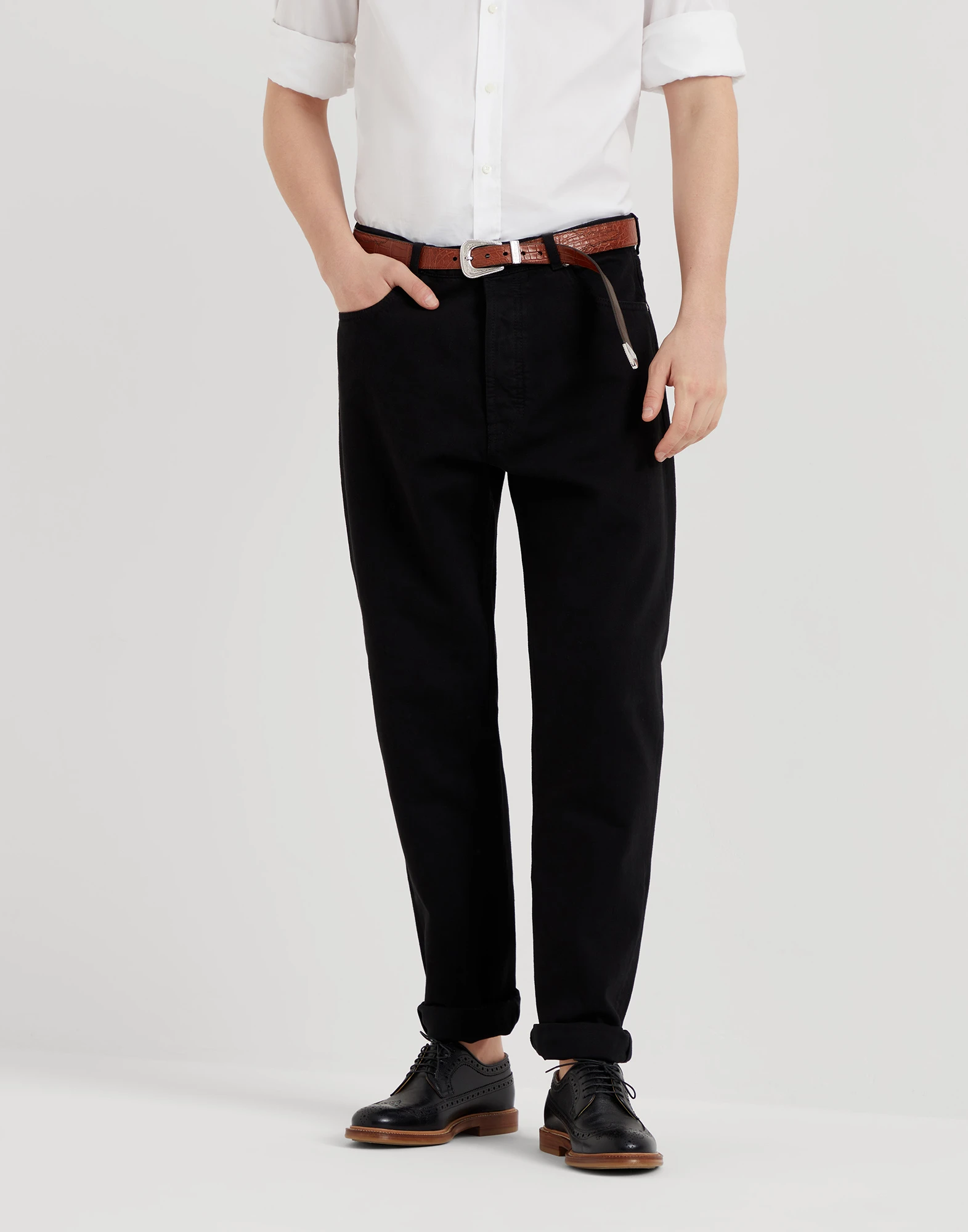 Garment-dyed iconic fit five-pocket trousers in slubbed denim