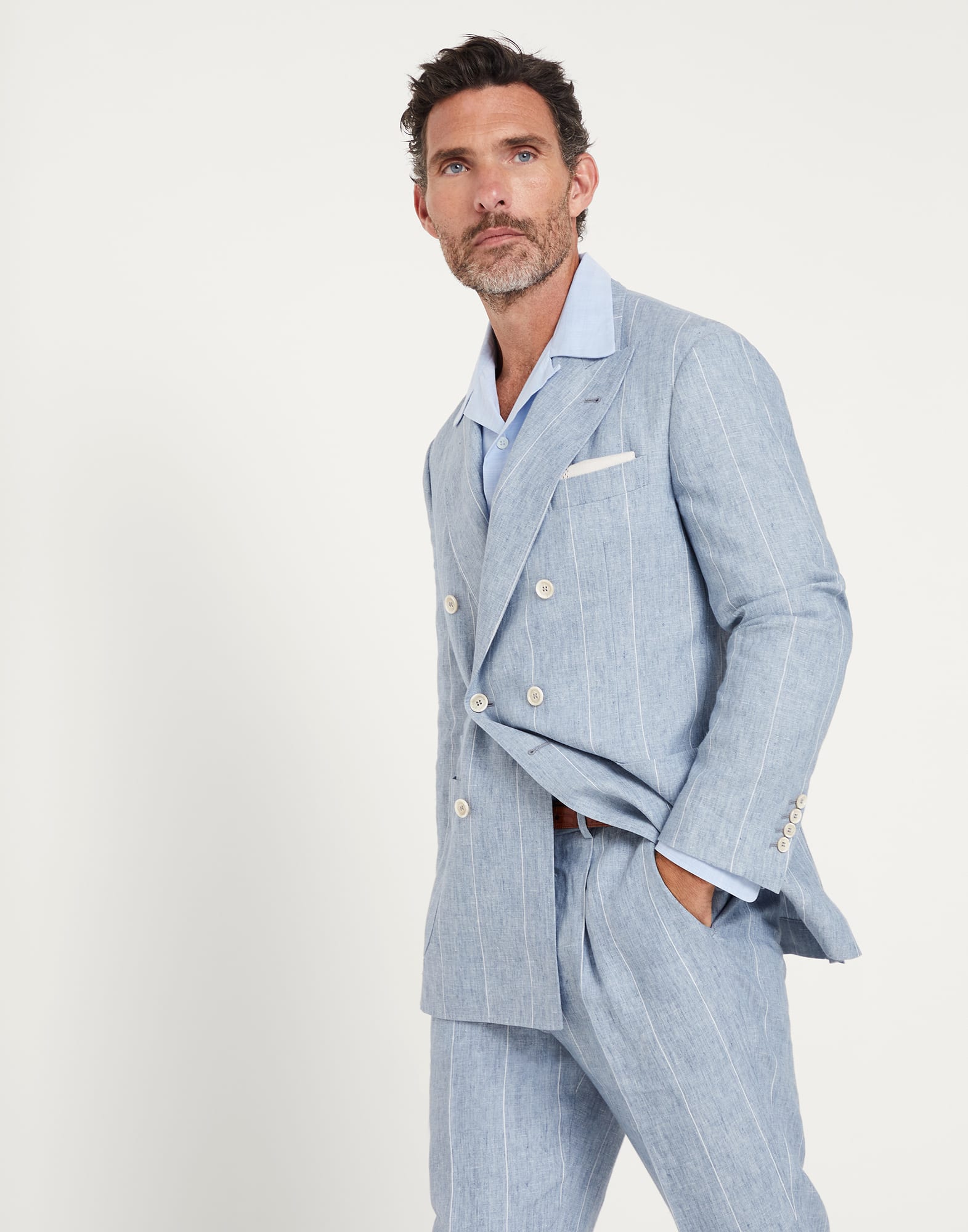Linen wide chalk stripe one-and-a-half breasted deconstructed blazer with patch pockets