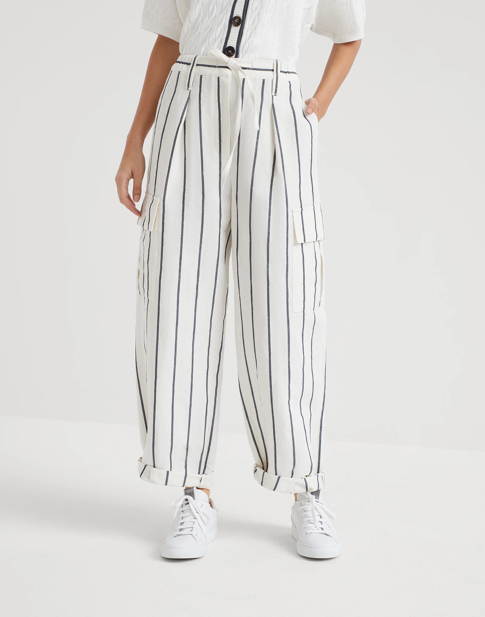 Striped linen and cotton baggy cargo trousers with monili